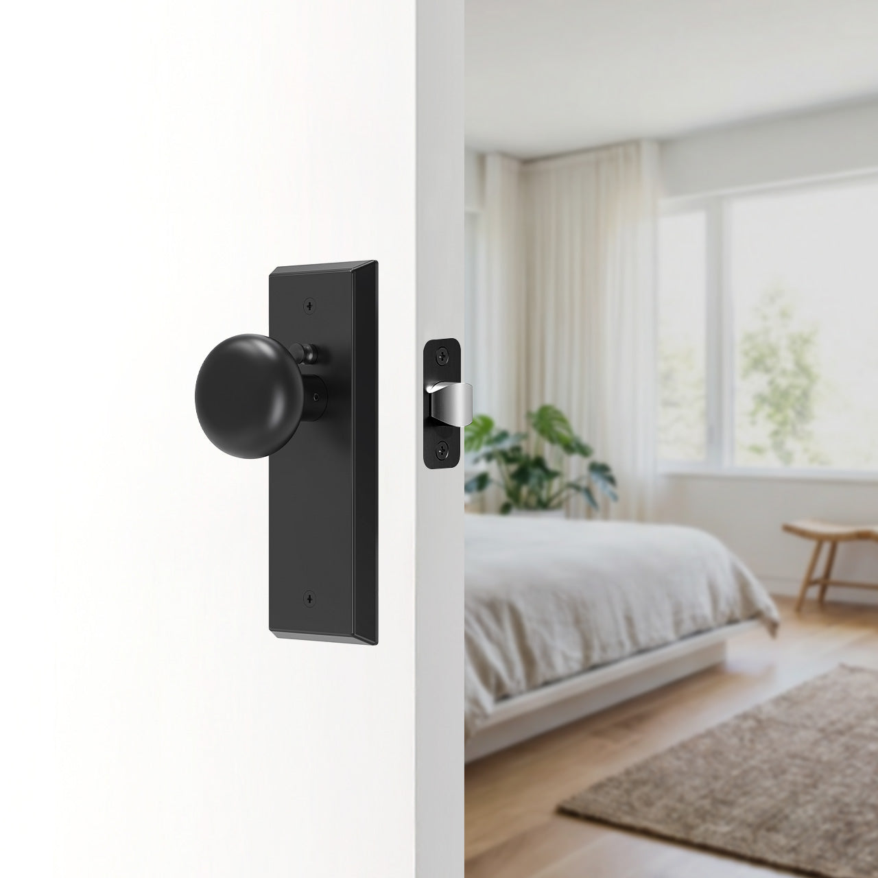 Modern Metal Door Knob with Beveled Rectangular Backplate, Interior Door Handle for Privacy, Passage & Dummy Doors