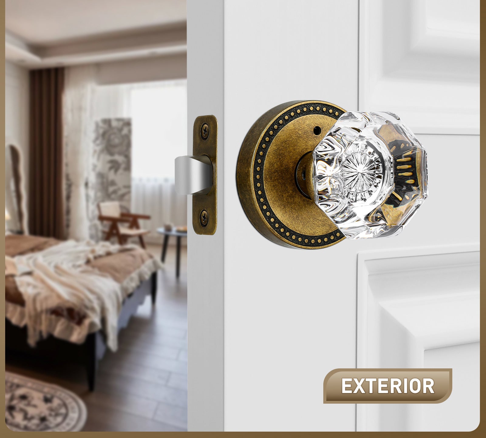 SENY Octagonal Crystal Door Knob, Round Rosette, 3 Finishes, 3 Functions