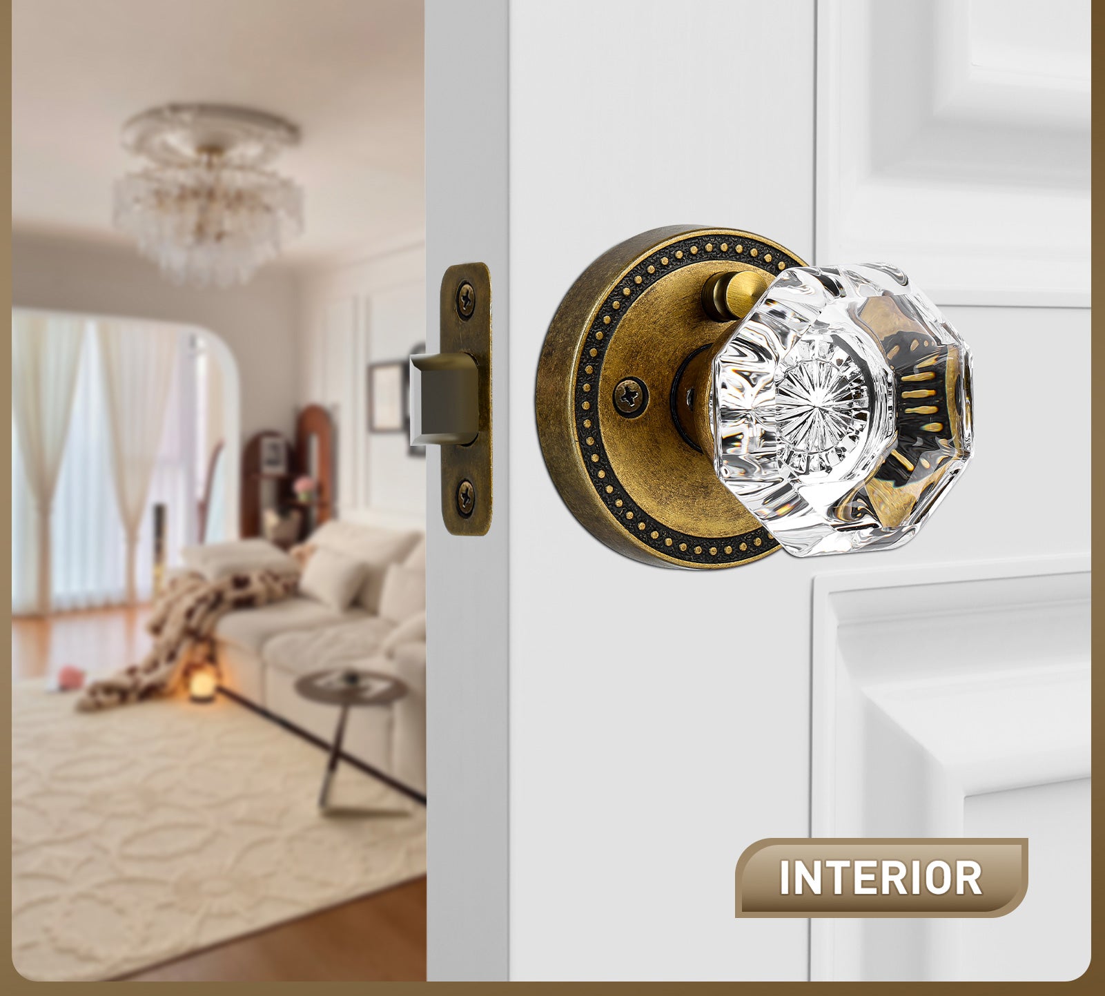 SENY Octagonal Crystal Door Knob, Round Rosette, 3 Finishes, 3 Functions