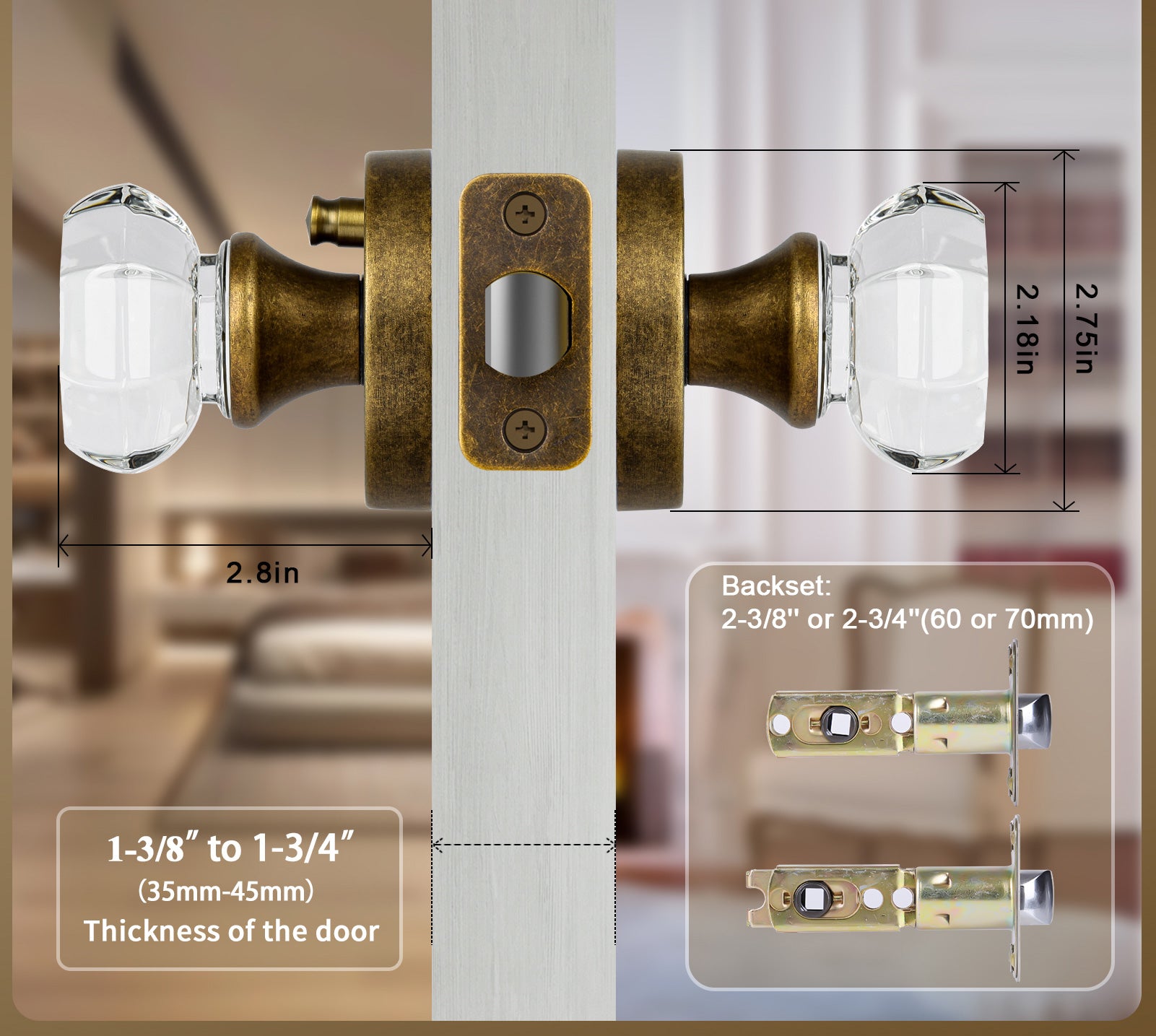 SENY Octagonal Crystal Door Knob, Round Rosette, 3 Finishes, 3 Functions