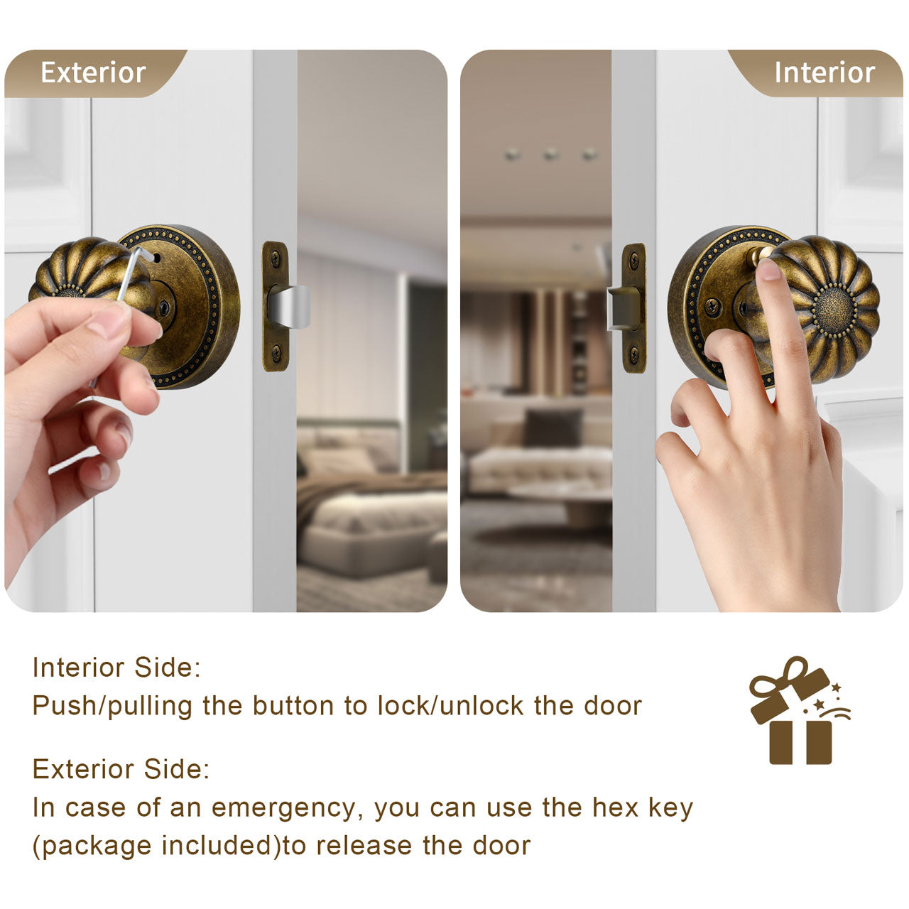 SENY Privacy Door Knob for Bedroom & Bathroom, Vintage Pumpkin Style