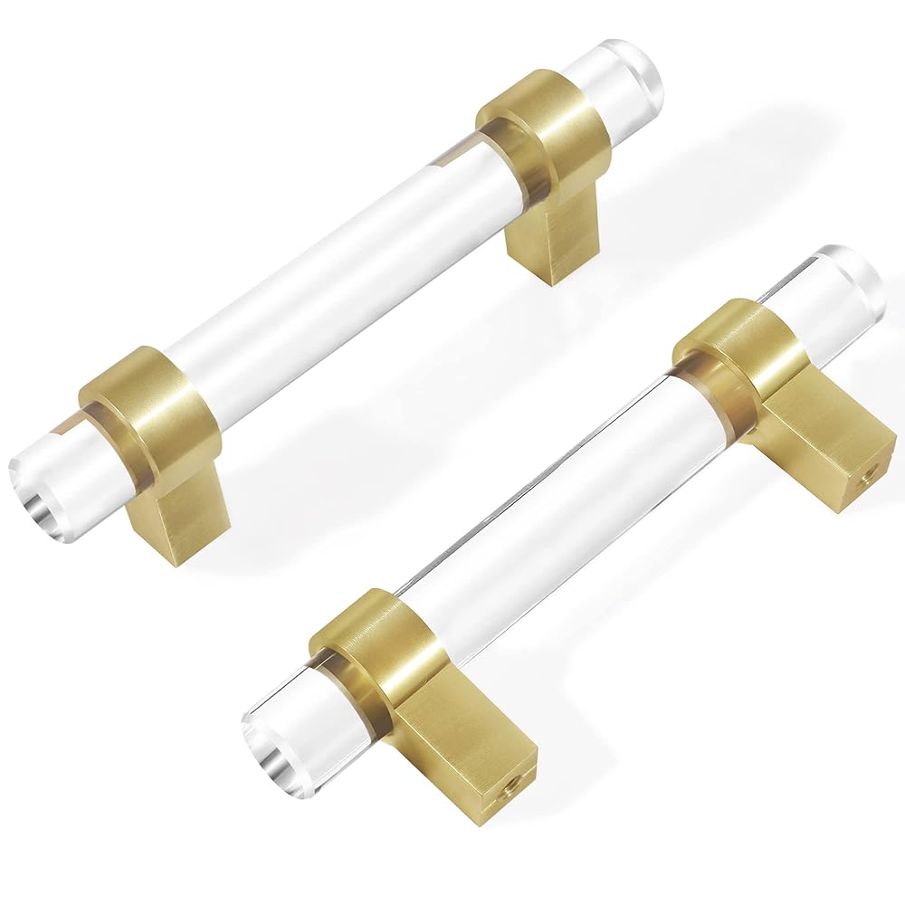 SENY Acrylic Cabinet Pulls, 5 Pack Clear Lucite T Bar Drawer Handles with Metal Base for Kitchen & Bathroom Cabinets