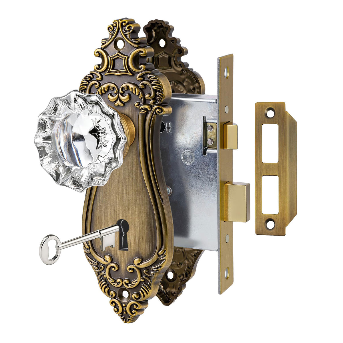 SENY Vintage Crystal Door Knob with Mortise Lock & Skeleton Key