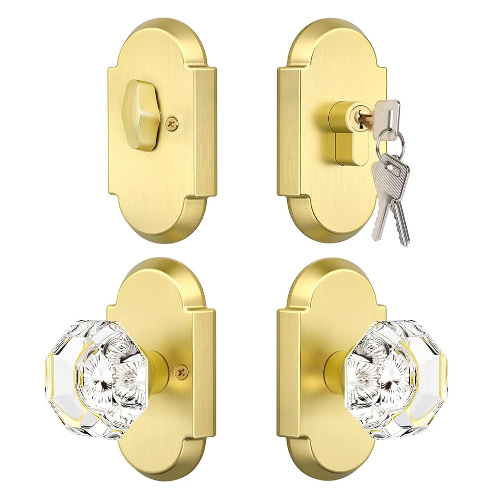 SENY Entry Door Knob Set with Deadbolt – Octagon Crystal Knob with Arch Backplate Front Door Lock Set