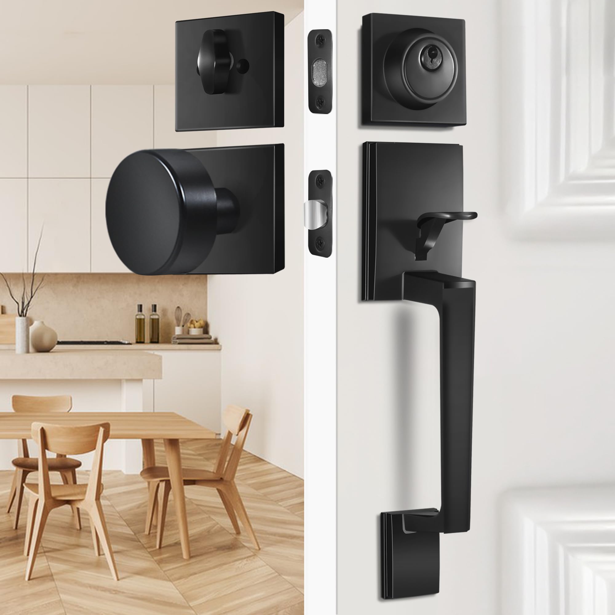 SENY Front Door Handleset with Single Cylinder Deadbolt, Round Interior Knob & Square Rosette - Seny Hardware