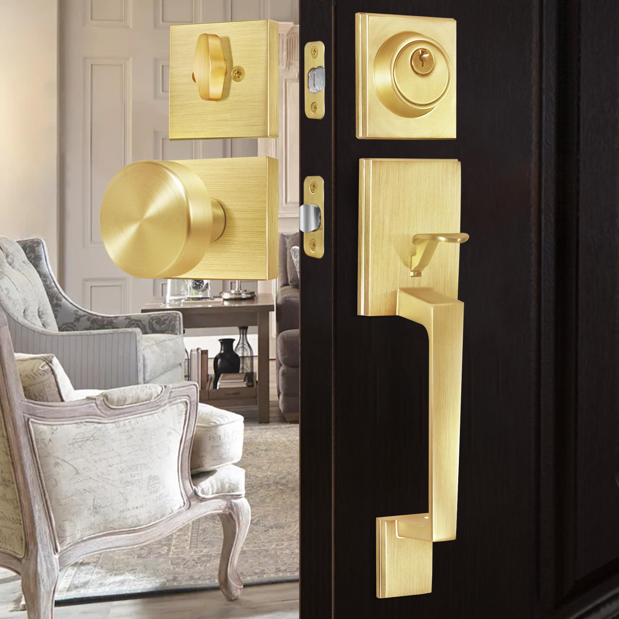 SENY Front Door Handleset with Single Cylinder Deadbolt, Round Interior Knob & Square Rosette - Seny Hardware