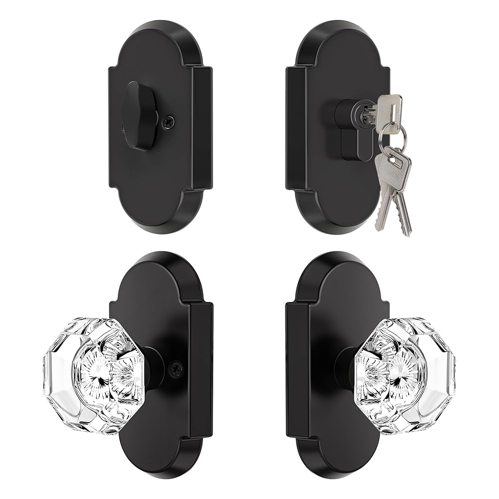 SENY Entry Door Knob Set with Deadbolt – Octagon Crystal Knob with Arch Backplate Front Door Lock Set