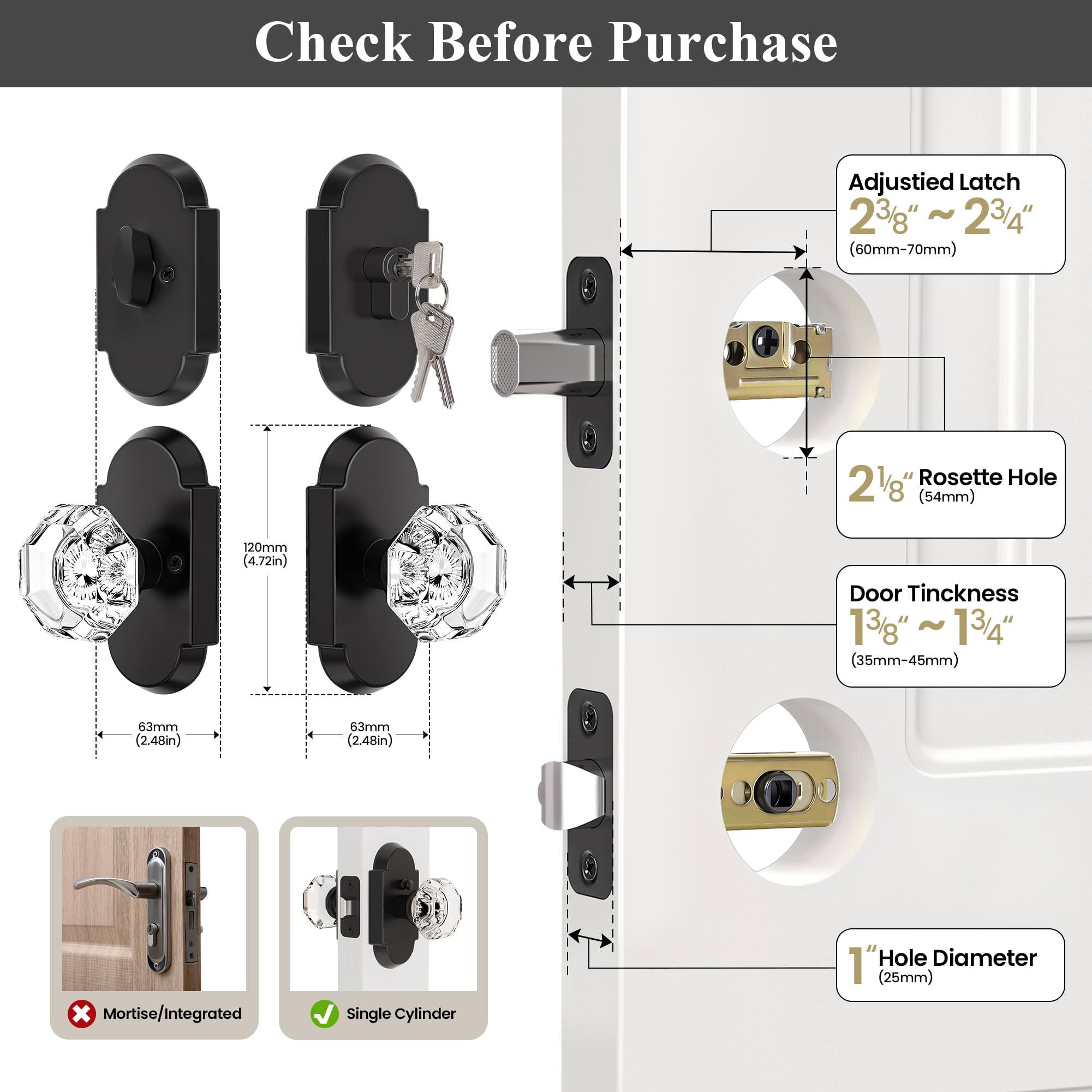 SENY Entry Door Knob Set with Deadbolt – Octagon Crystal Knob with Arch Backplate Front Door Lock Set