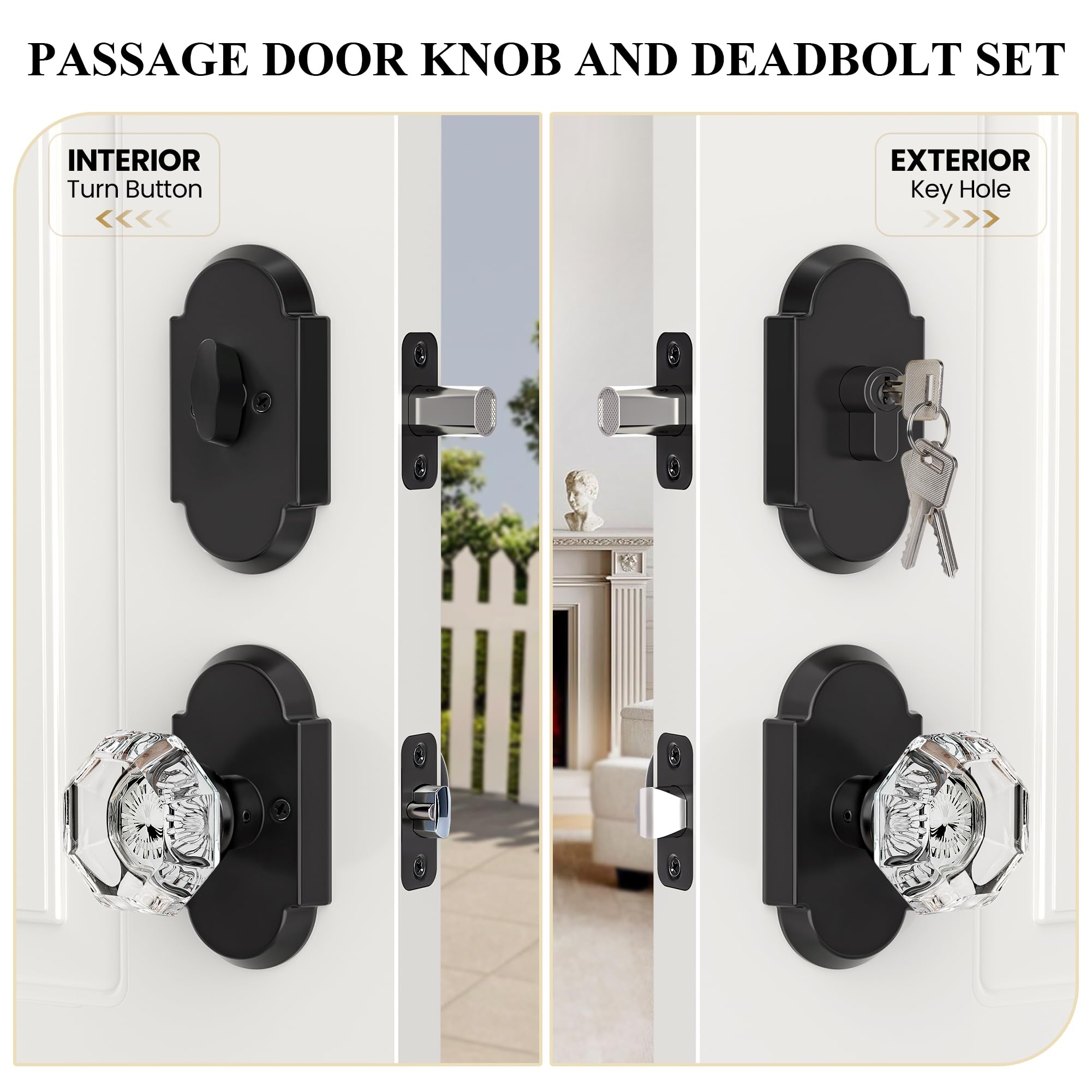SENY Entry Door Knob Set with Deadbolt – Octagon Crystal Knob with Arch Backplate Front Door Lock Set