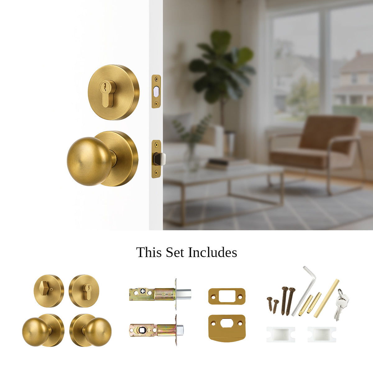 SENY Entry Door Knob Set with Deadbolt – Mushroom Metal Knob with Round Rosette Front Door Hardware