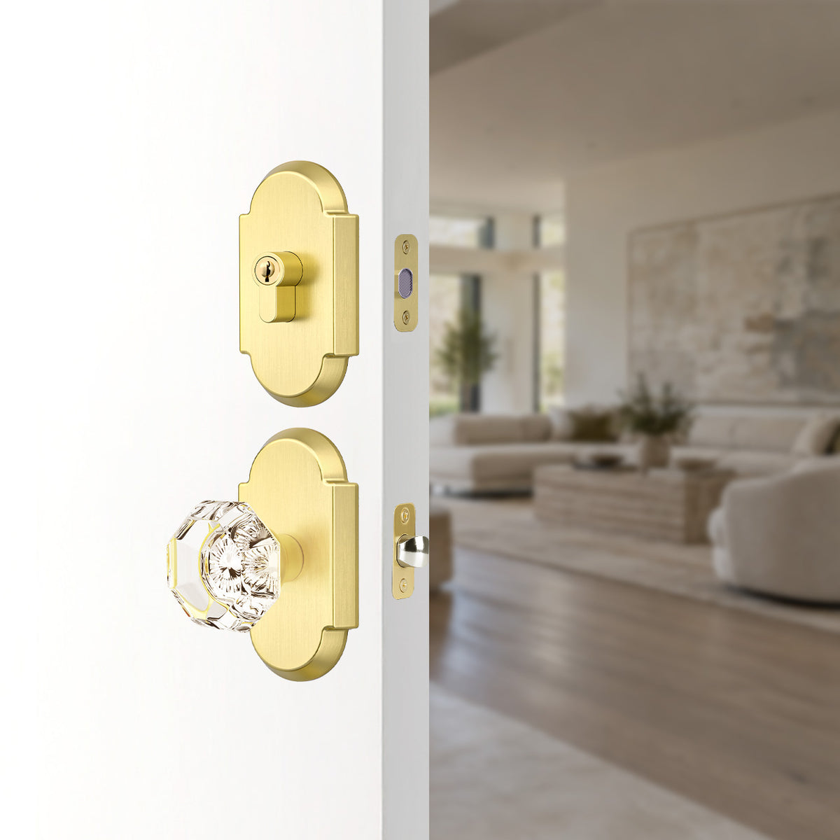 SENY Entry Door Knob Set with Deadbolt – Octagon Crystal Knob with Arch Backplate Front Door Lock Set