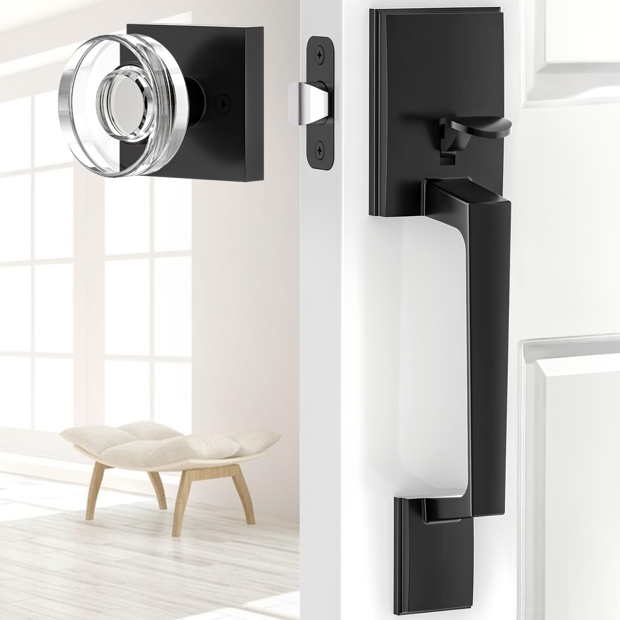 SENY Front Door Handle Set Front Entry Handleset with Glass Knob No Lock, Door Handle for Right& Left Handed Doors, Zinc Alloy