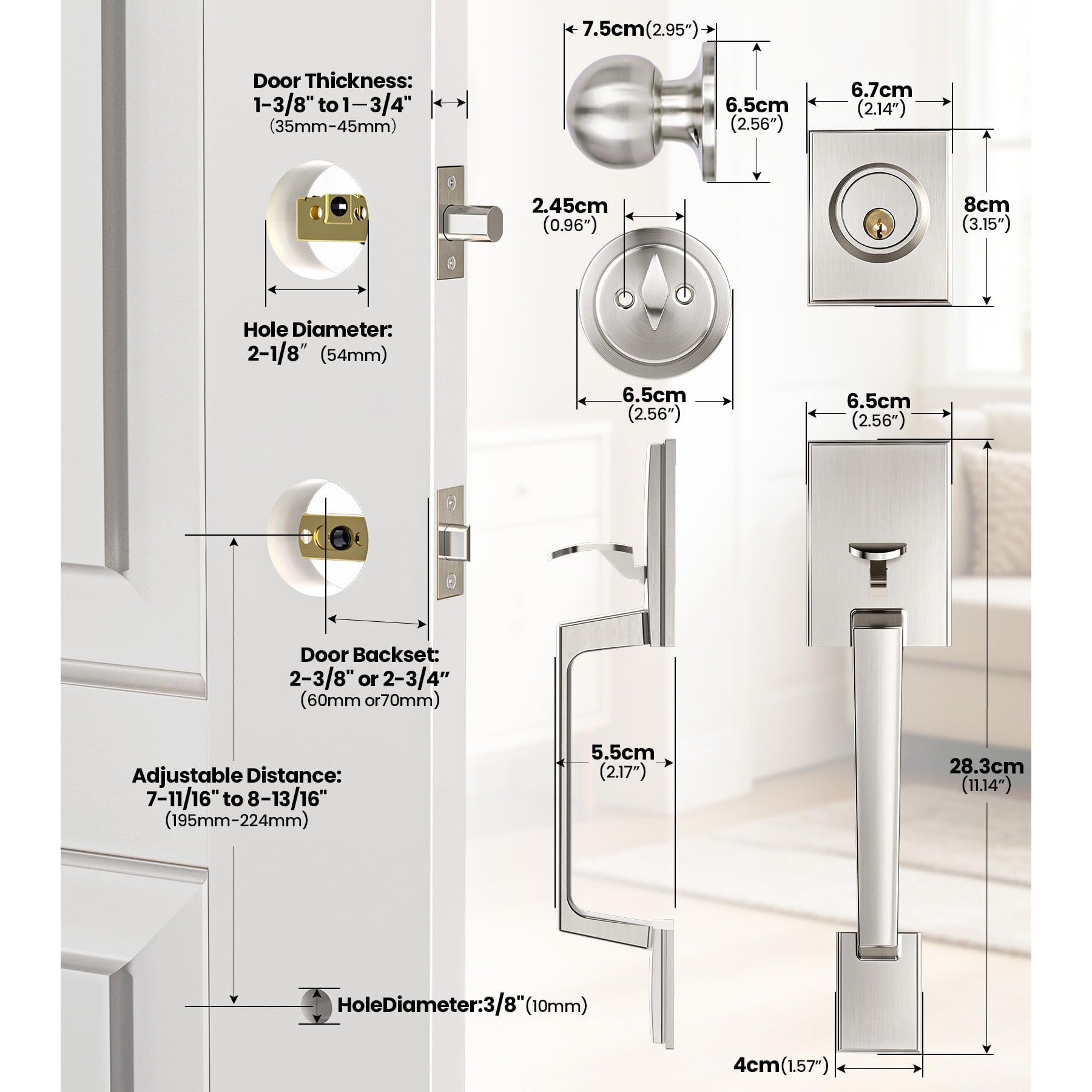 SENY Modern Front Door Handle Set with Deadbolt Lock, Reversible Entry Door Hardware