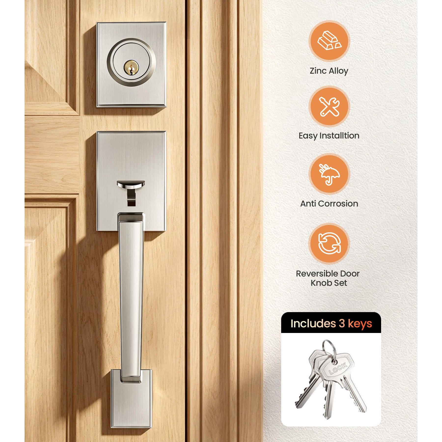 SENY Modern Front Door Handle Set with Deadbolt Lock, Reversible Entry Door Hardware