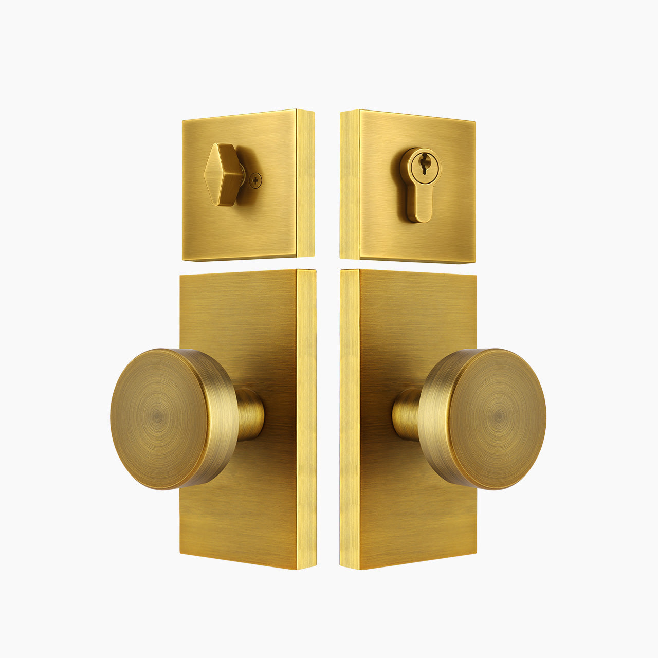 Antique brass door knob with rectangular backplate and deadbolt for front doors, SENY