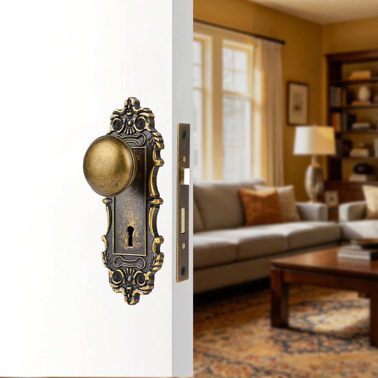 Antique mortise door lock set installed on traditional interior bedroom door, SENY