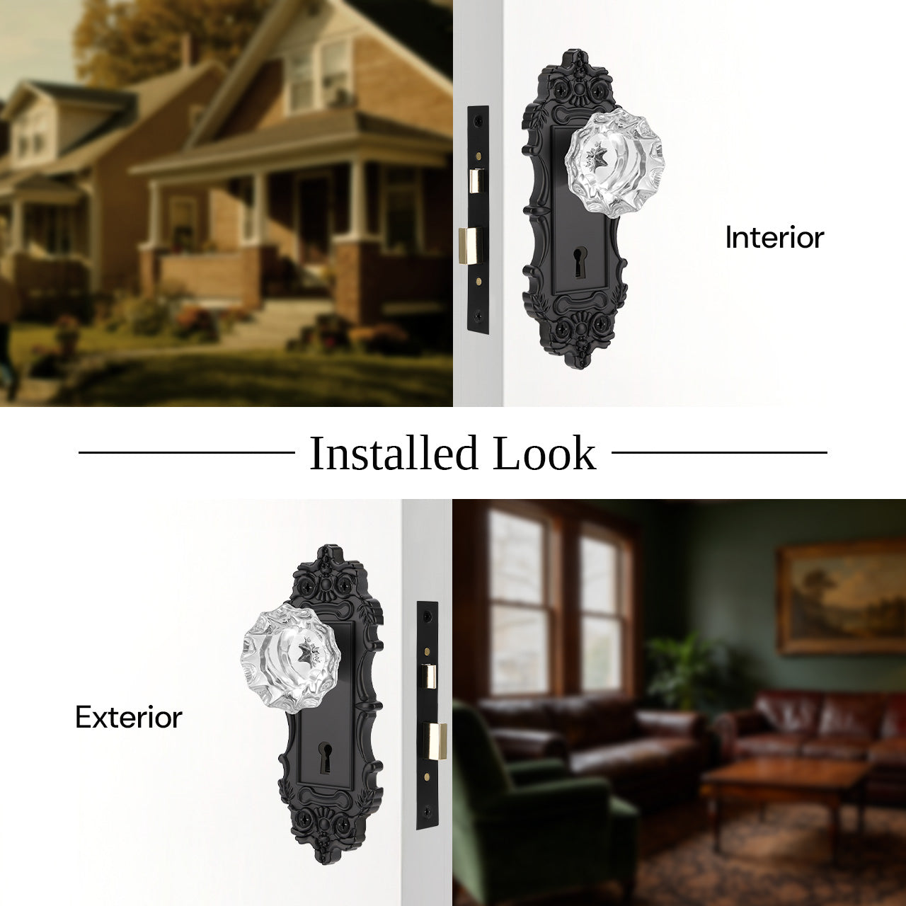 antique mortise lock set interior and exterior installation view with crystal knob SENY