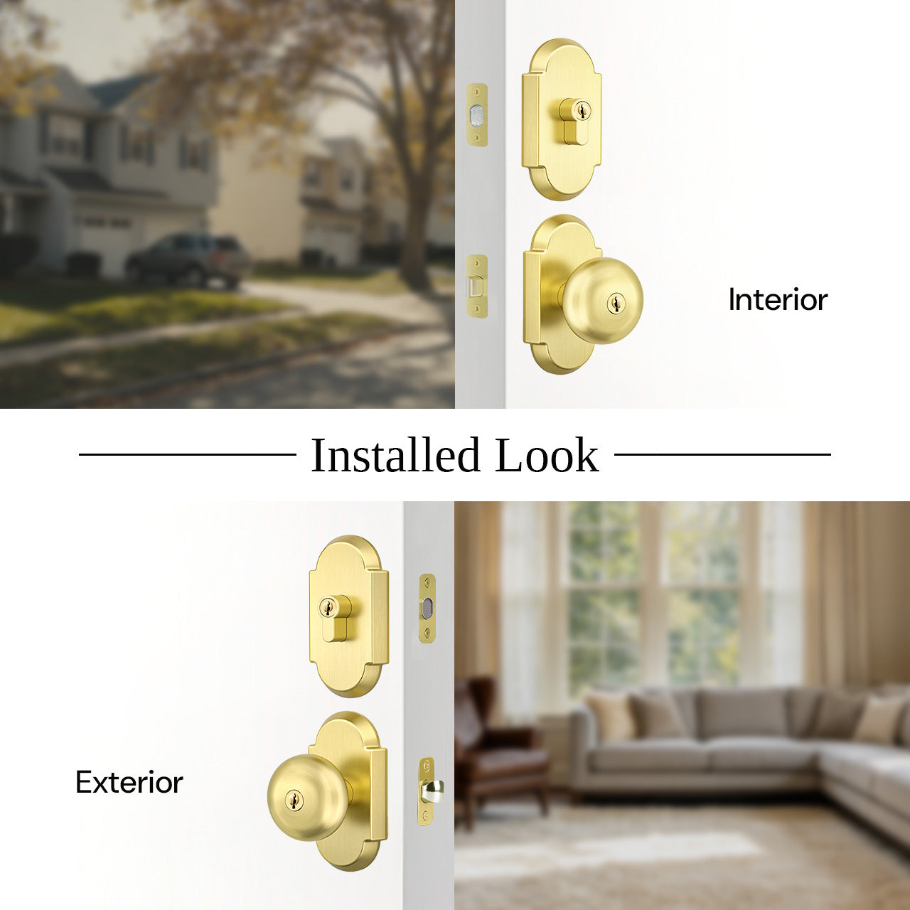Arch rosette door knob set with deadbolt installed with interior and exterior side view, SENY