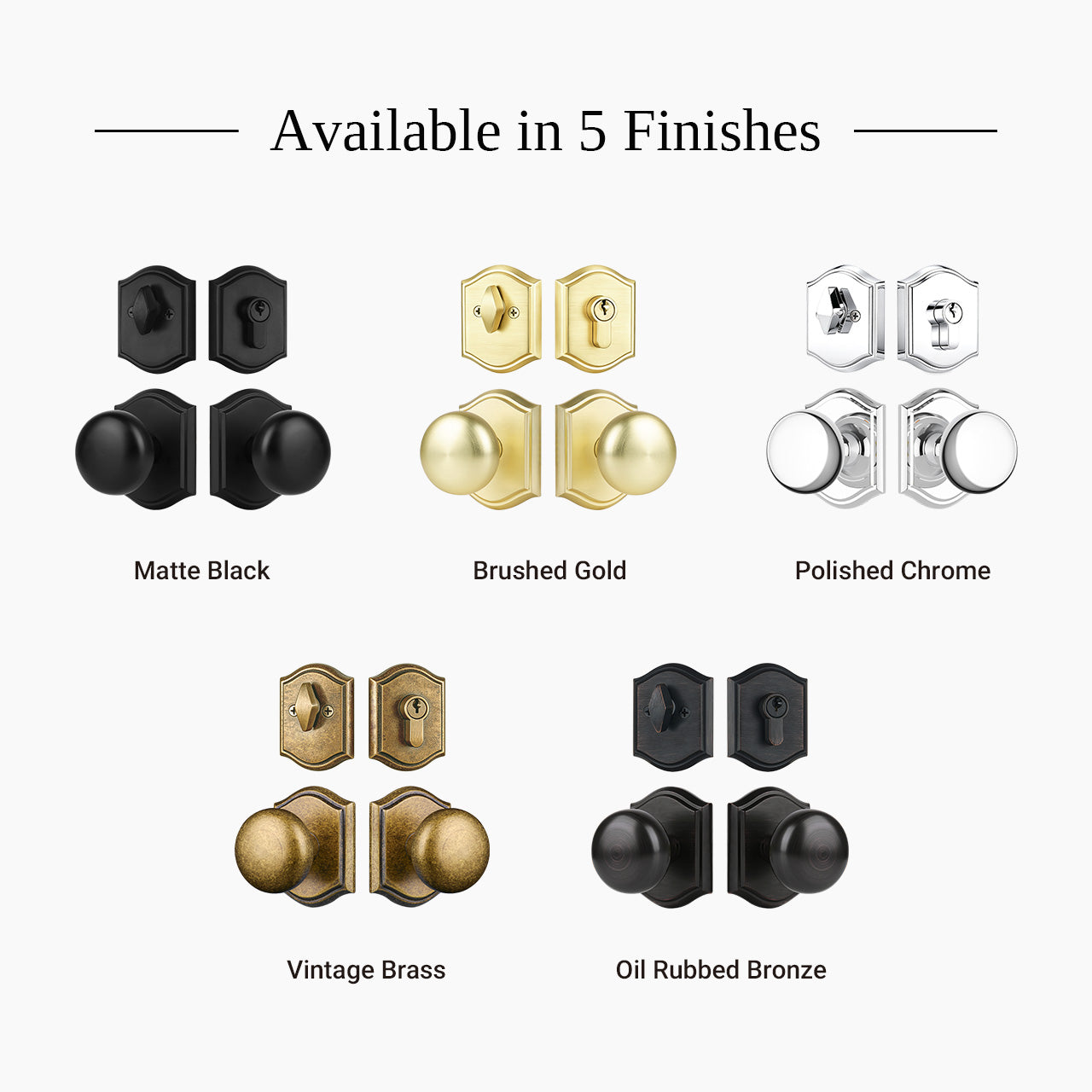 Arched plate door knob set with deadbolt available in polished chrome oil rubbed bronze vintage brass brushed gold and matte black finishes, SENY