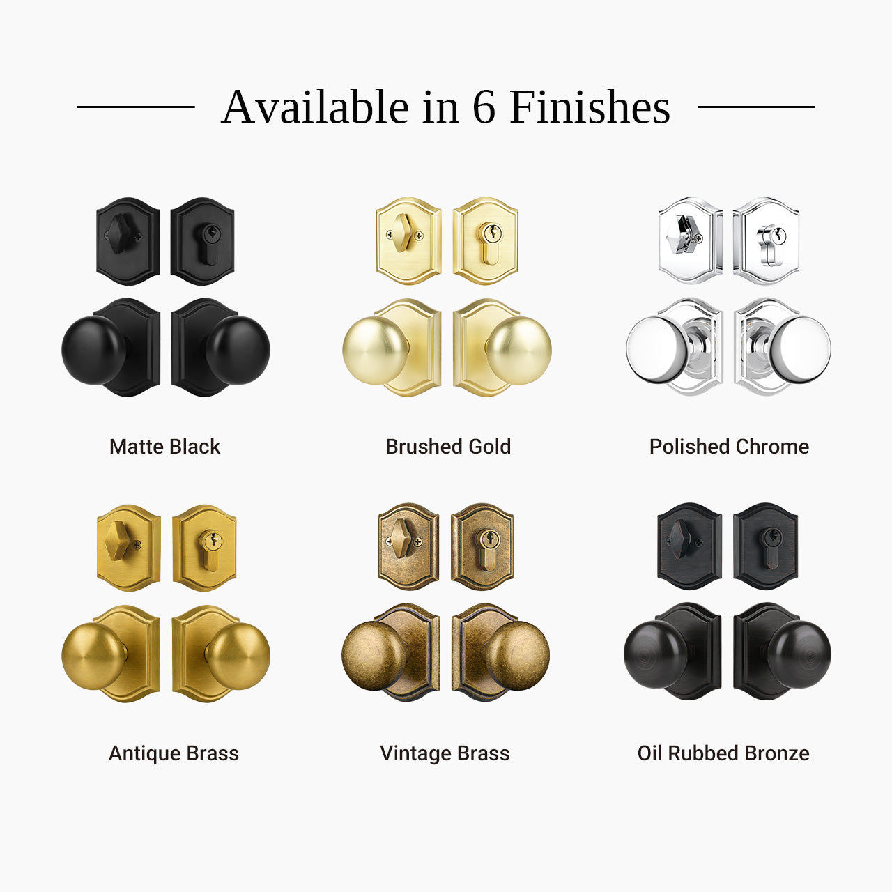 Arched plate door knob set with deadbolt available in polished chrome oil rubbed bronze vintage brass brushed gold and matte black finishes, SENY