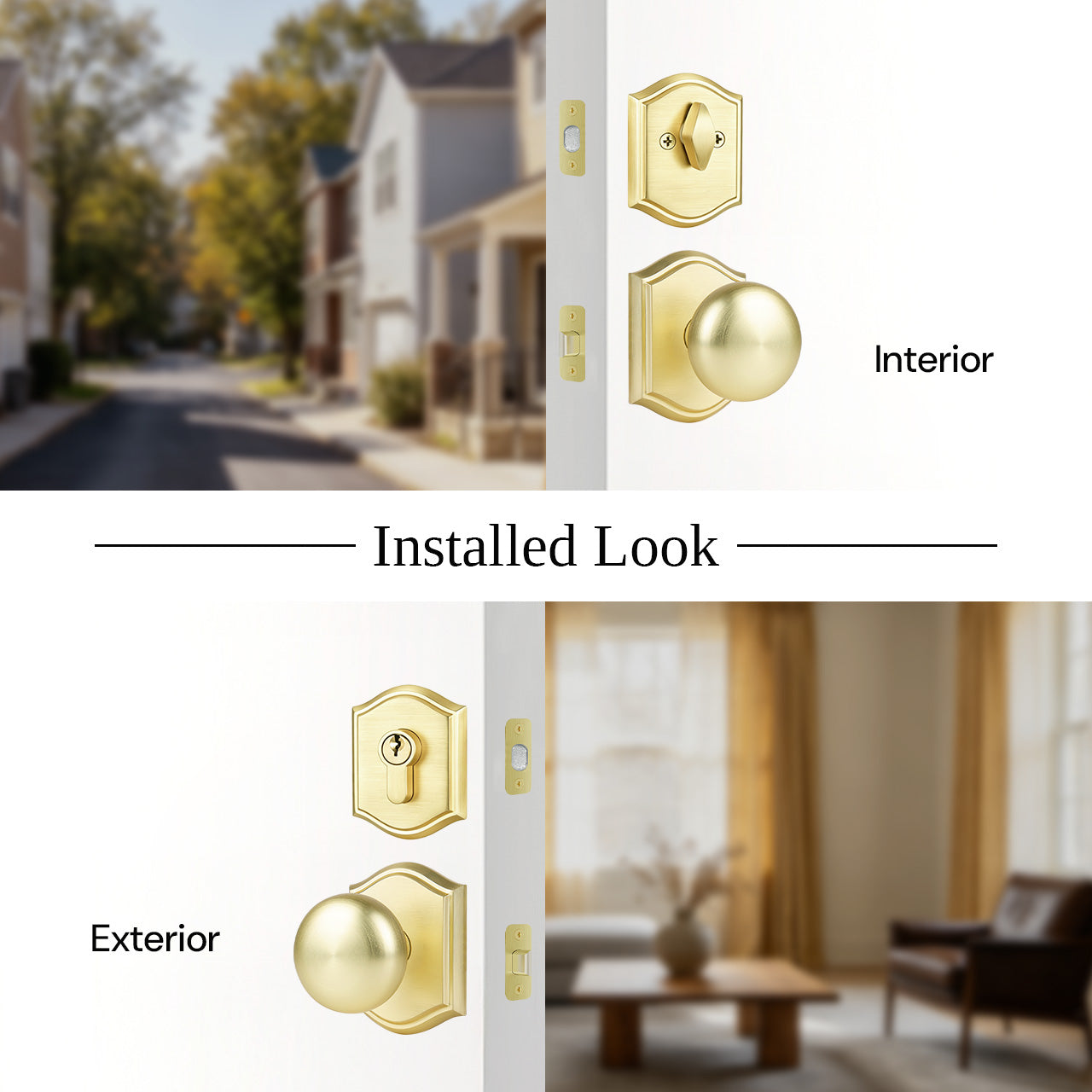Arched plate door knob set with deadbolt installed with interior and exterior side view, SENY