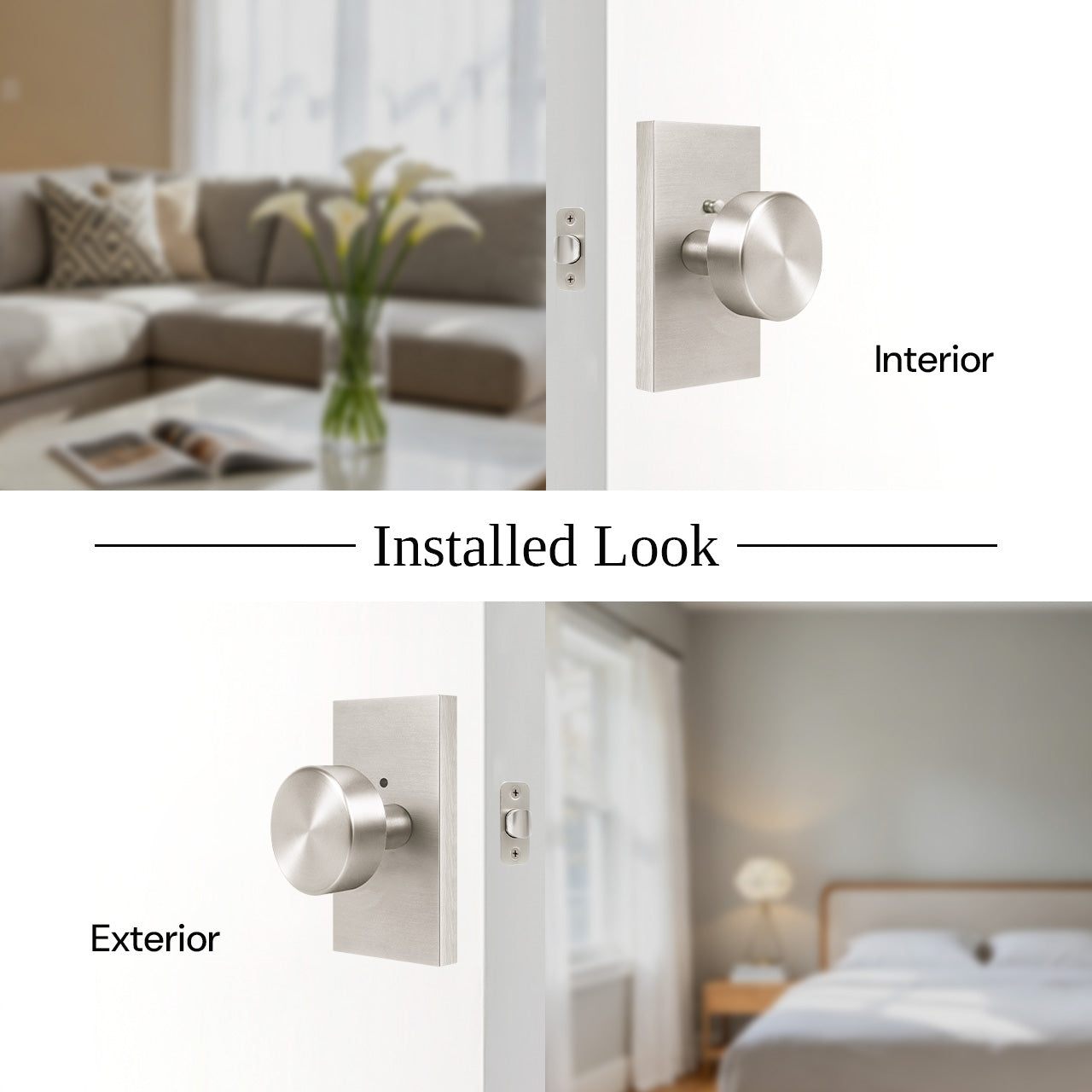 Backplate door knobs interior and exterior installation view SENY