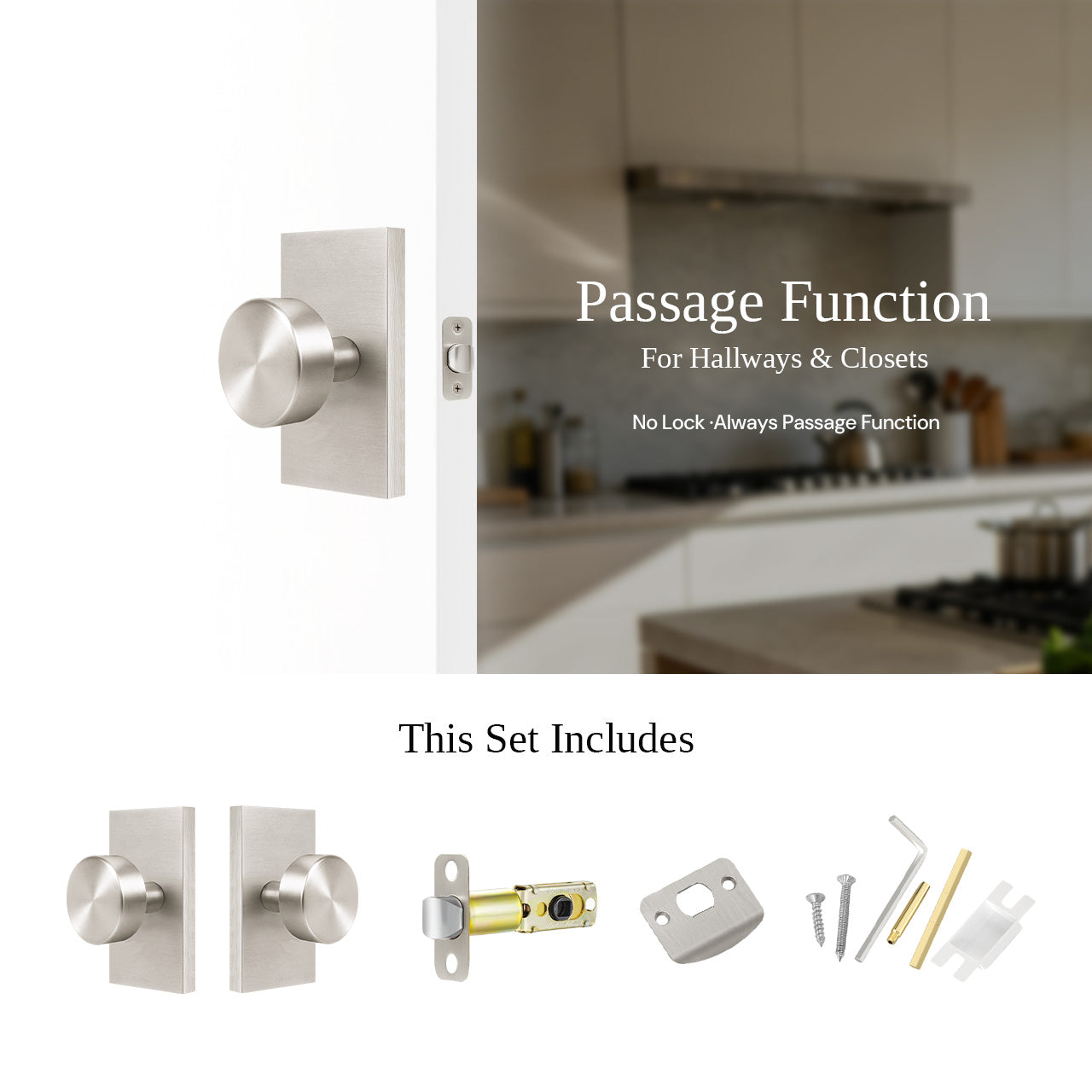 Backplate passage door knobs installed on interior door with hardware SENY