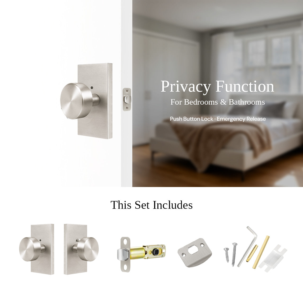 Backplate privacy door knobs installed on bathroom door with lock SENY