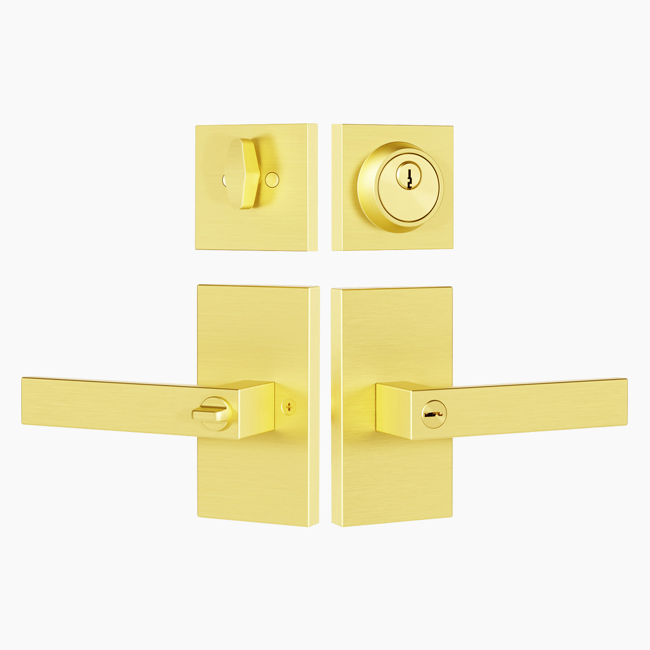 Brushed gold front door handle set with square deadbolt and lever, SENY
