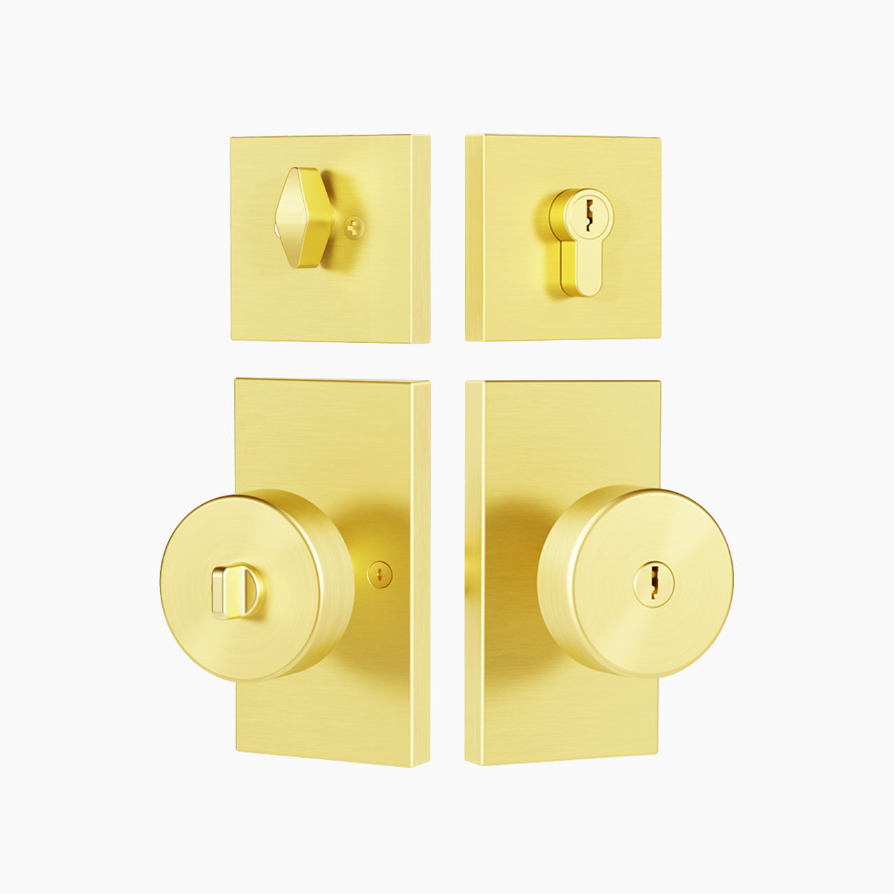 Brushed gold round door knob with rectangular backplate and deadbolt, SENY