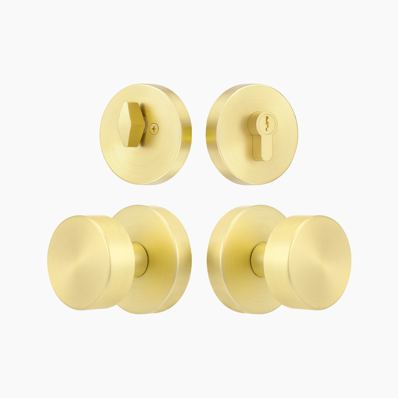 Brushed gold round entry door knob set with deadbolt for front doors, SENY