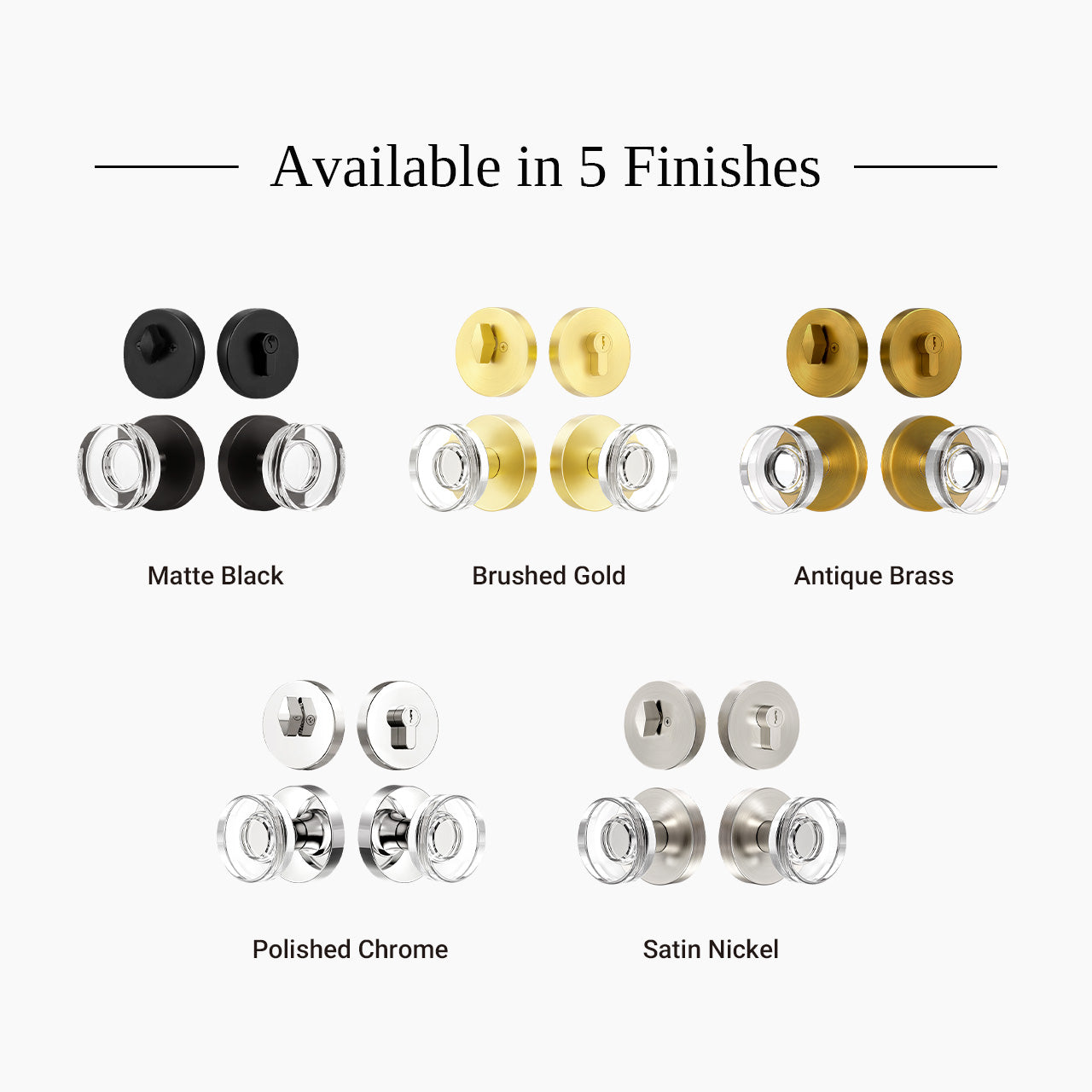 Crystal door knob set with deadbolt available in antique brass polished chrome brushed gold matte black and satin nickel finishes, SENY