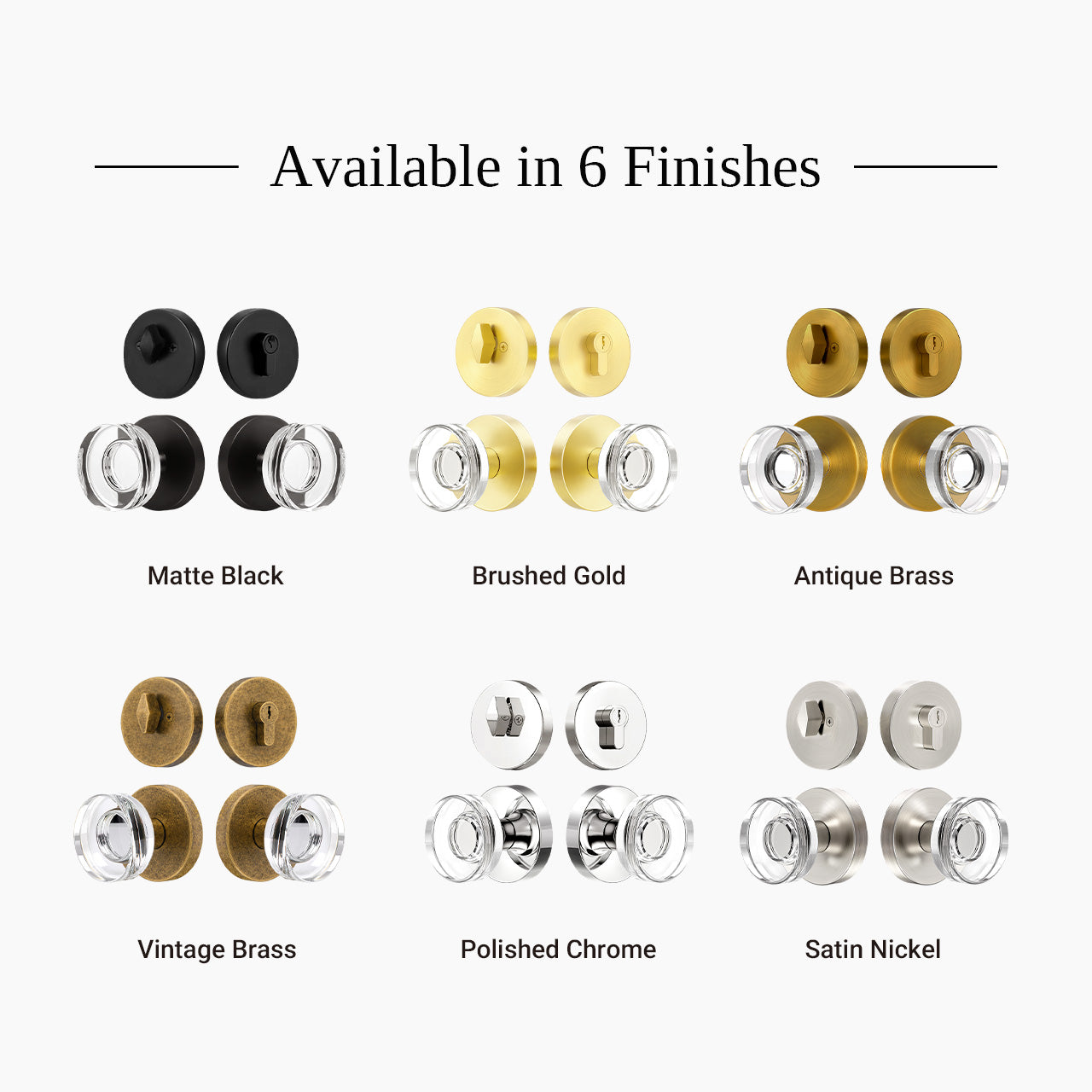 Crystal door knob set with deadbolt available in antique brass polished chrome brushed gold matte black and satin nickel finishes, SENY