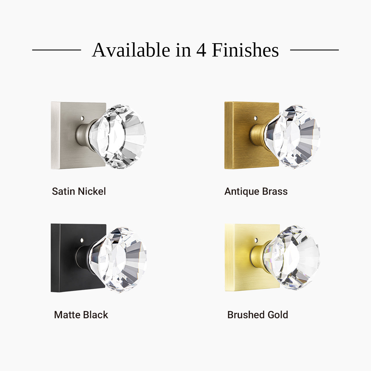 SENY Crystal Door Knobs Interior with Square Rosette & Diamond-Cut Faceted Crystal