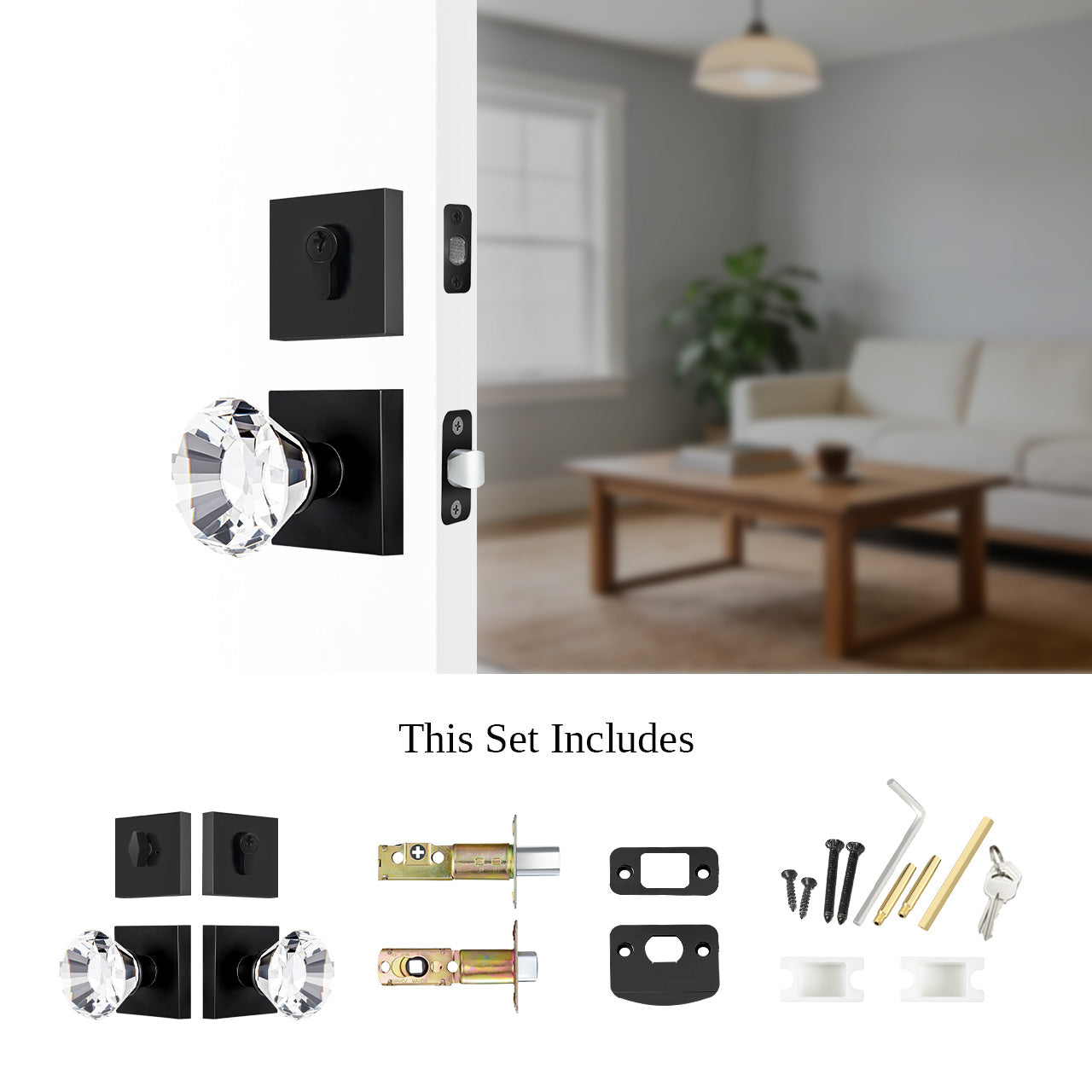 crystal entry door knob set with deadbolt components and installation hardware SENY