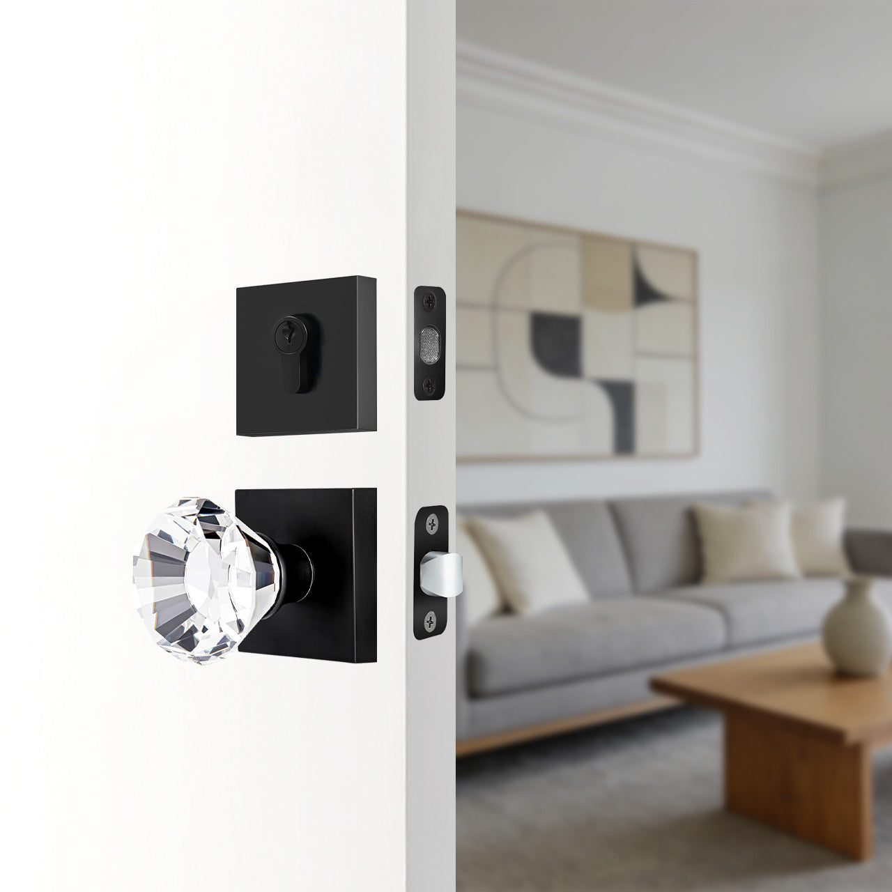 crystal entry door knob set installed on front door with deadbolt exterior view SENY