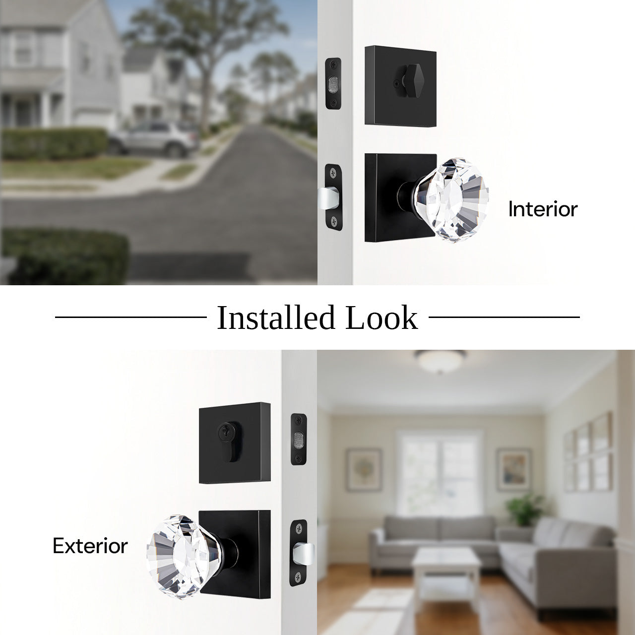 crystal entry door knob set interior and exterior view with thumb turn and keyed lock SENY