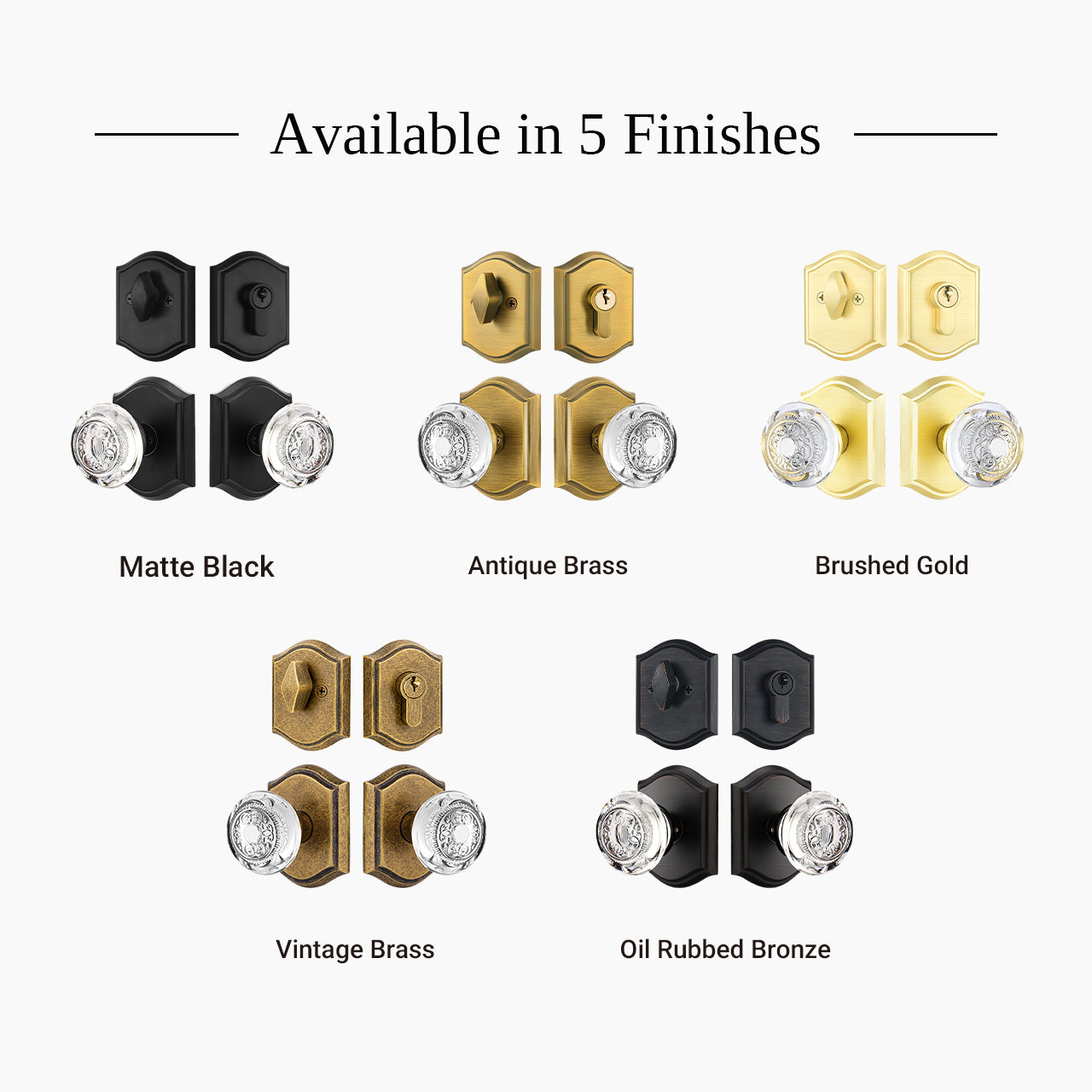 Crystal entry door lock set with deadbolt available in brushed gold matte black antique brass and oil rubbed bronze finishes, SENY