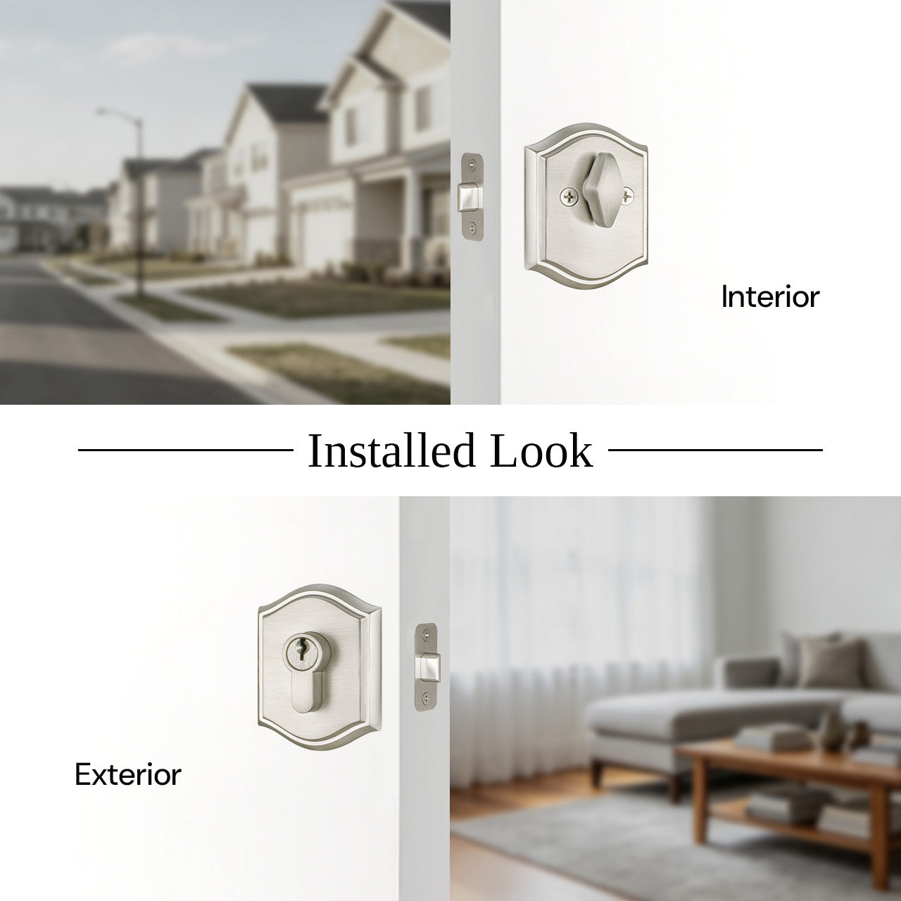 Interior and exterior view of a decorative deadbolt lock SENY