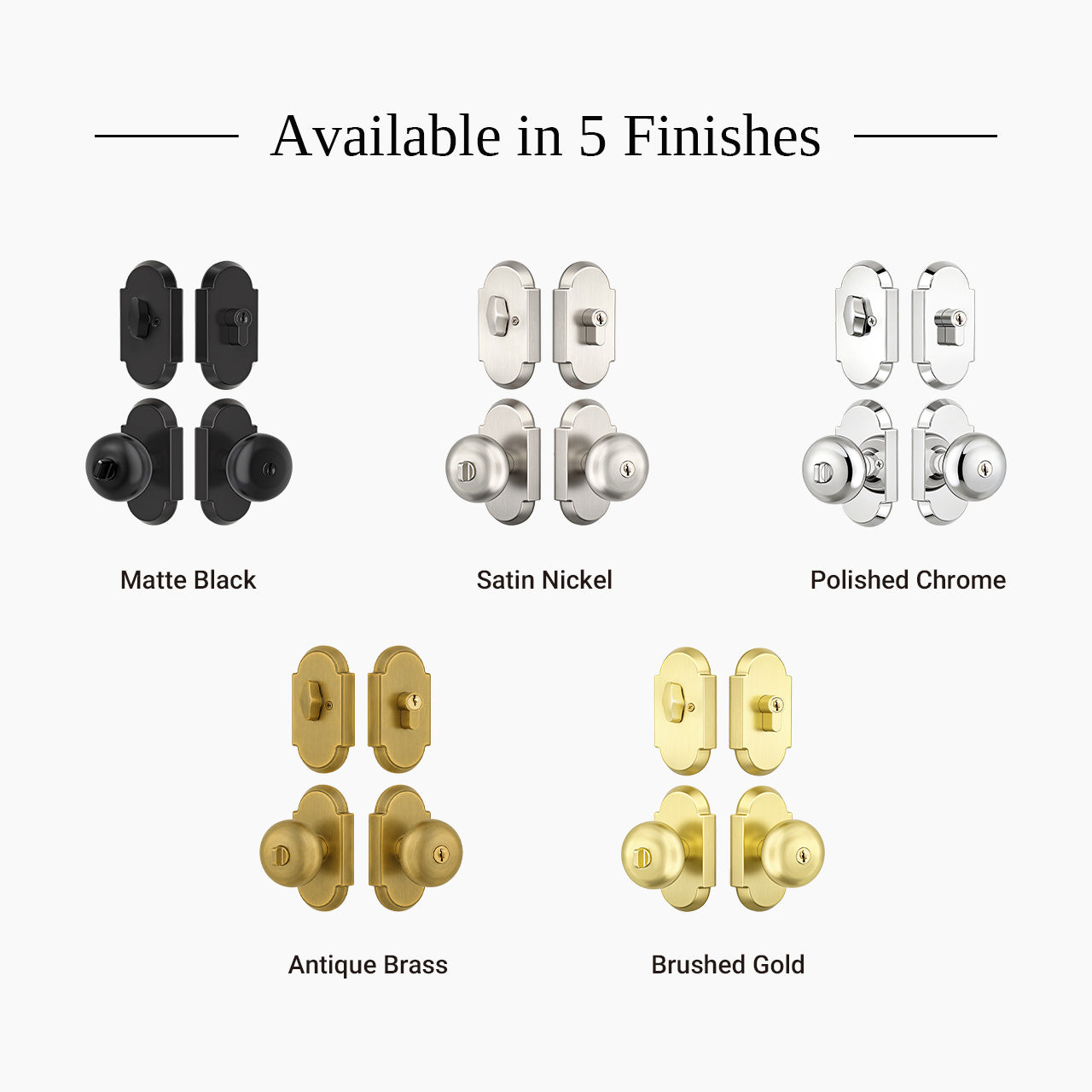 Decorative entry door knob set with deadbolt available in satin nickel brushed gold matte black and polished chrome finishes, SENY