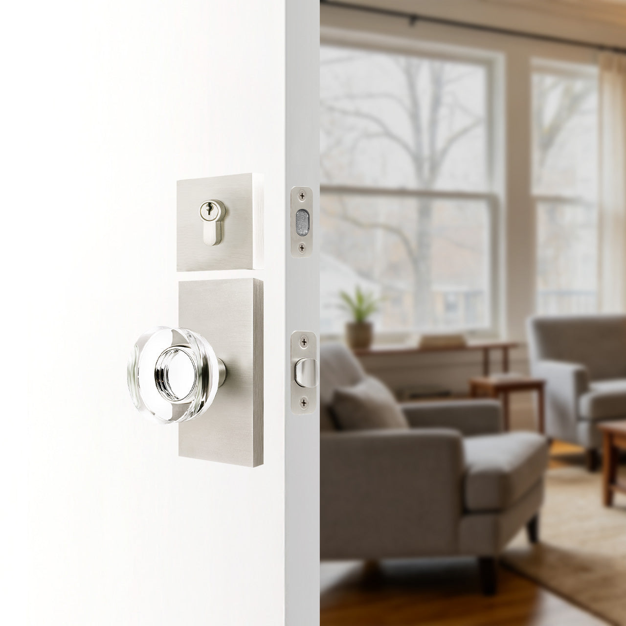 door knob and deadbolt set installed on front door exterior entry SENY