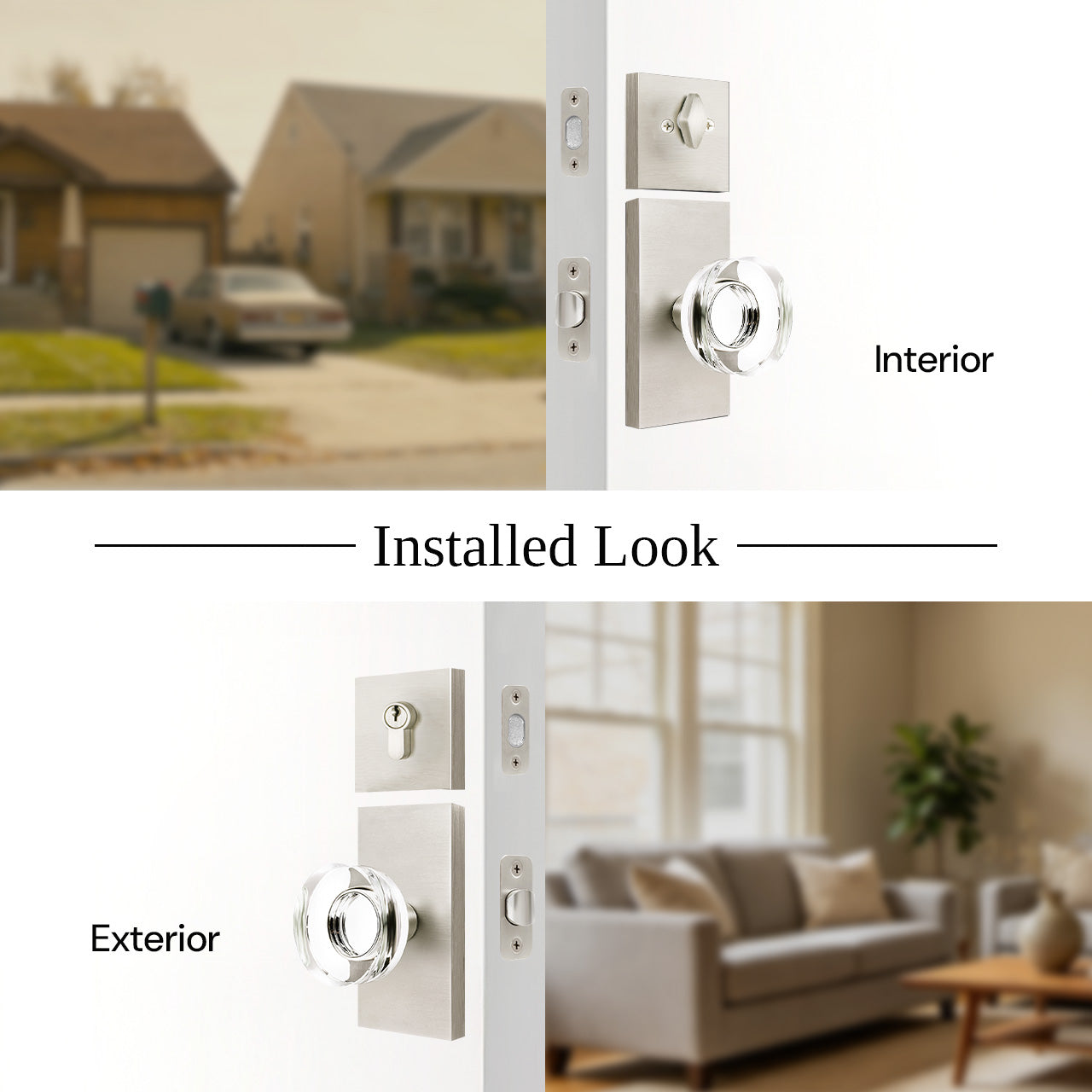 door knob and deadbolt set interior and exterior installation view entry door SENY
