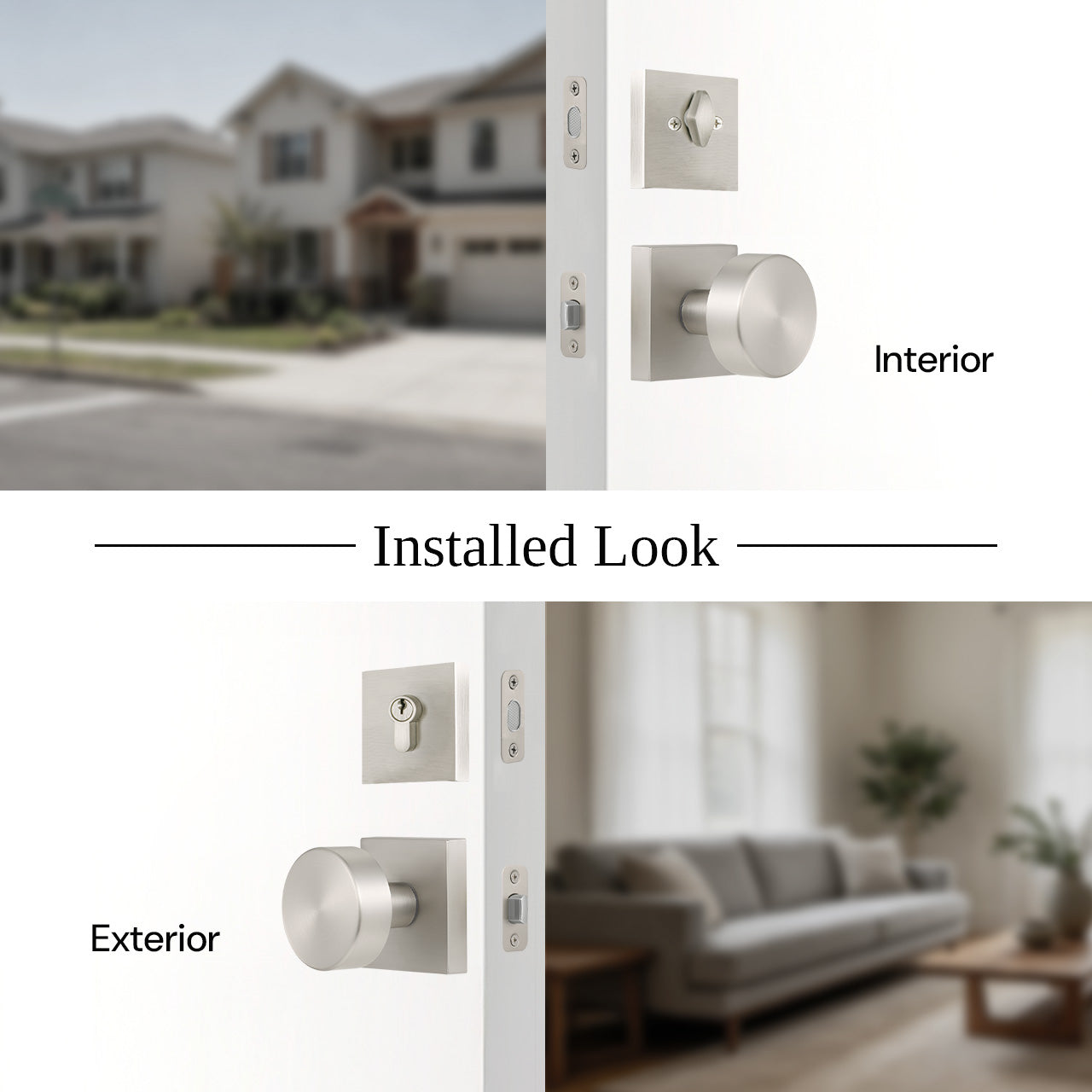 Door knob with square rosette installed with interior and exterior side view, SENY