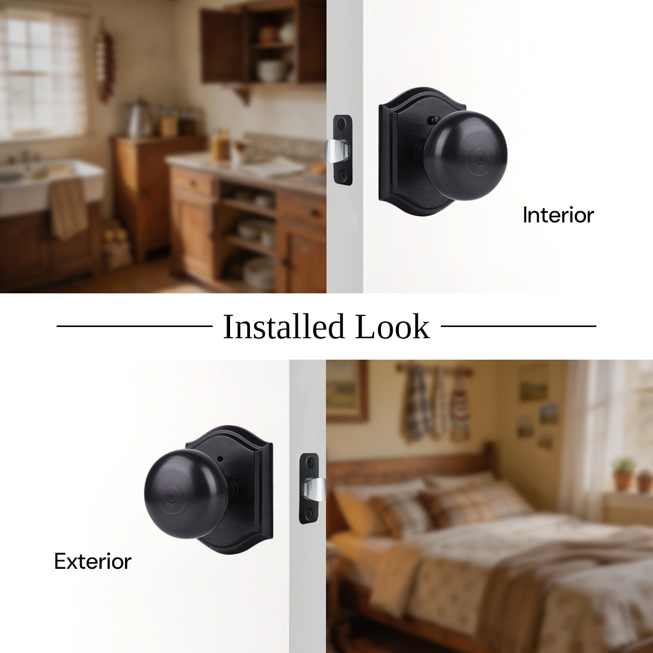 Door knobs on plate installed with interior and exterior side view, SENY