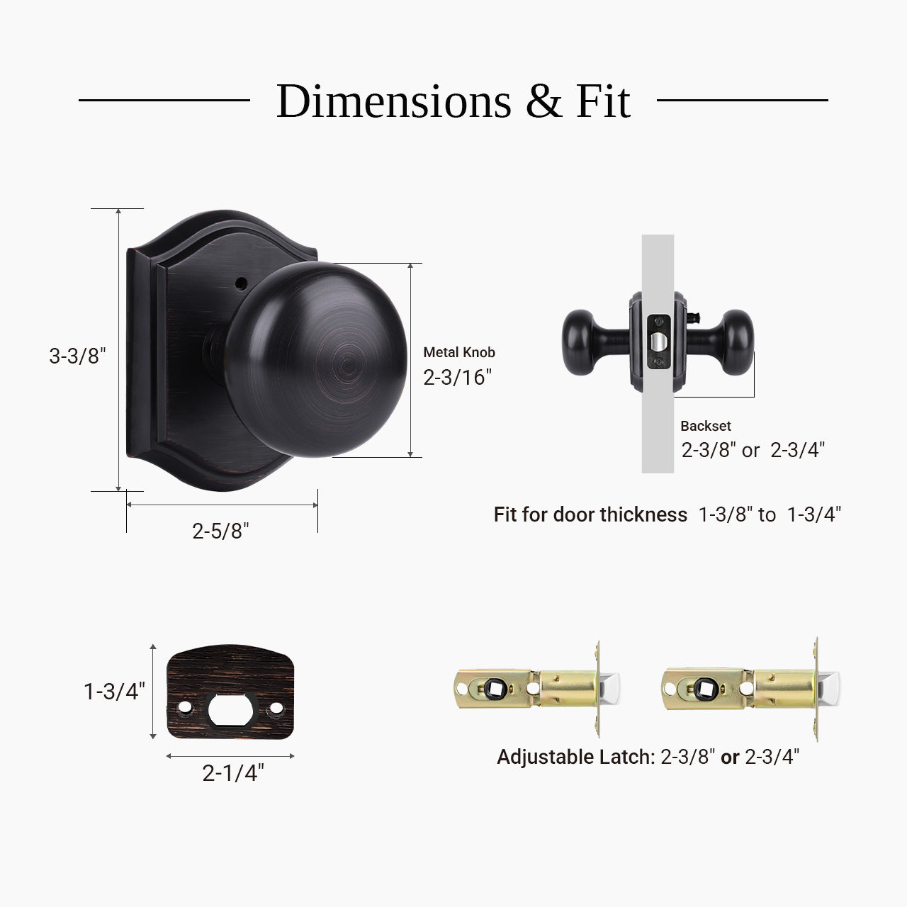 Interior door knobs with backplate dimensions and standard fit guide, SENY
