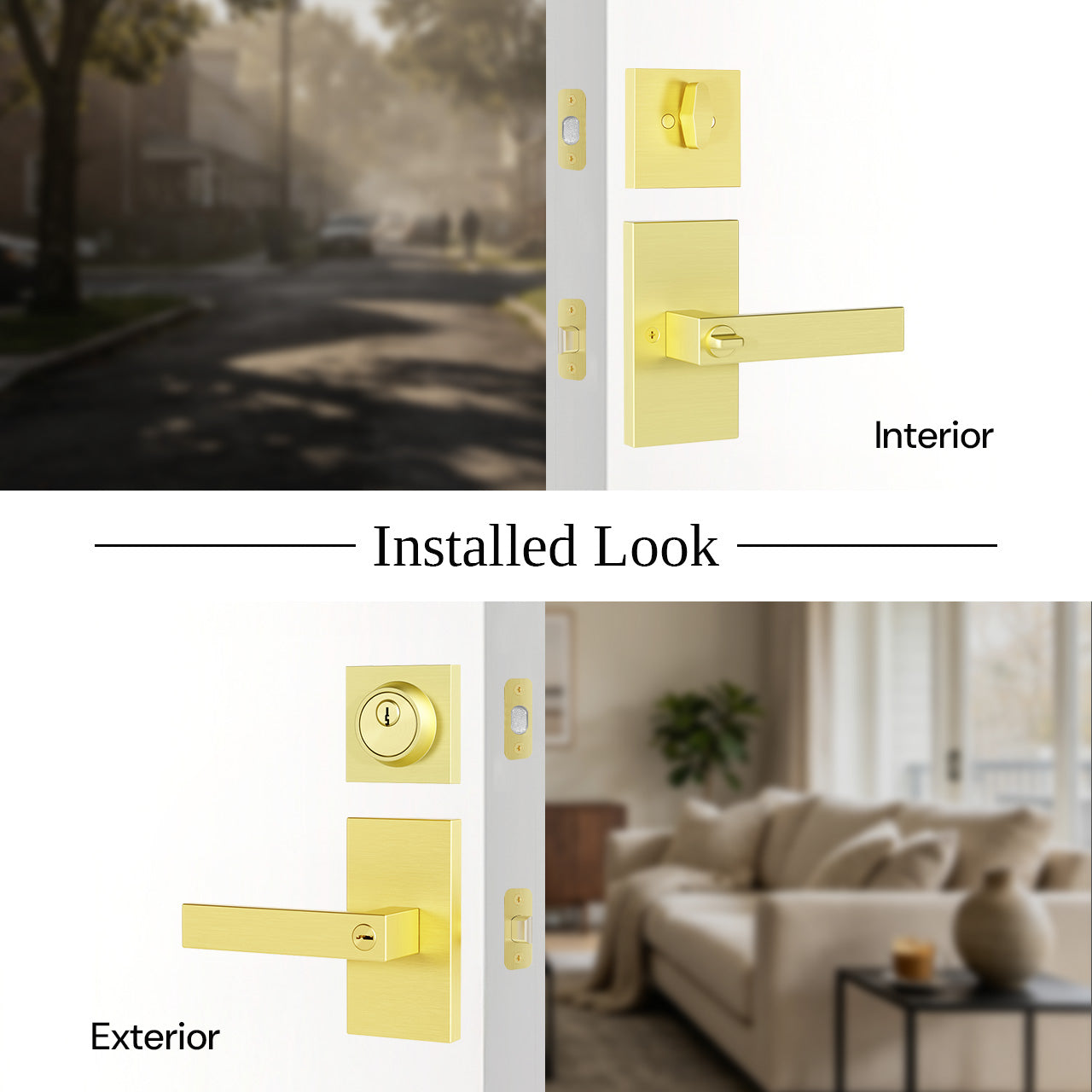 Door lever and deadbolt set installed with interior and exterior side view, SENY