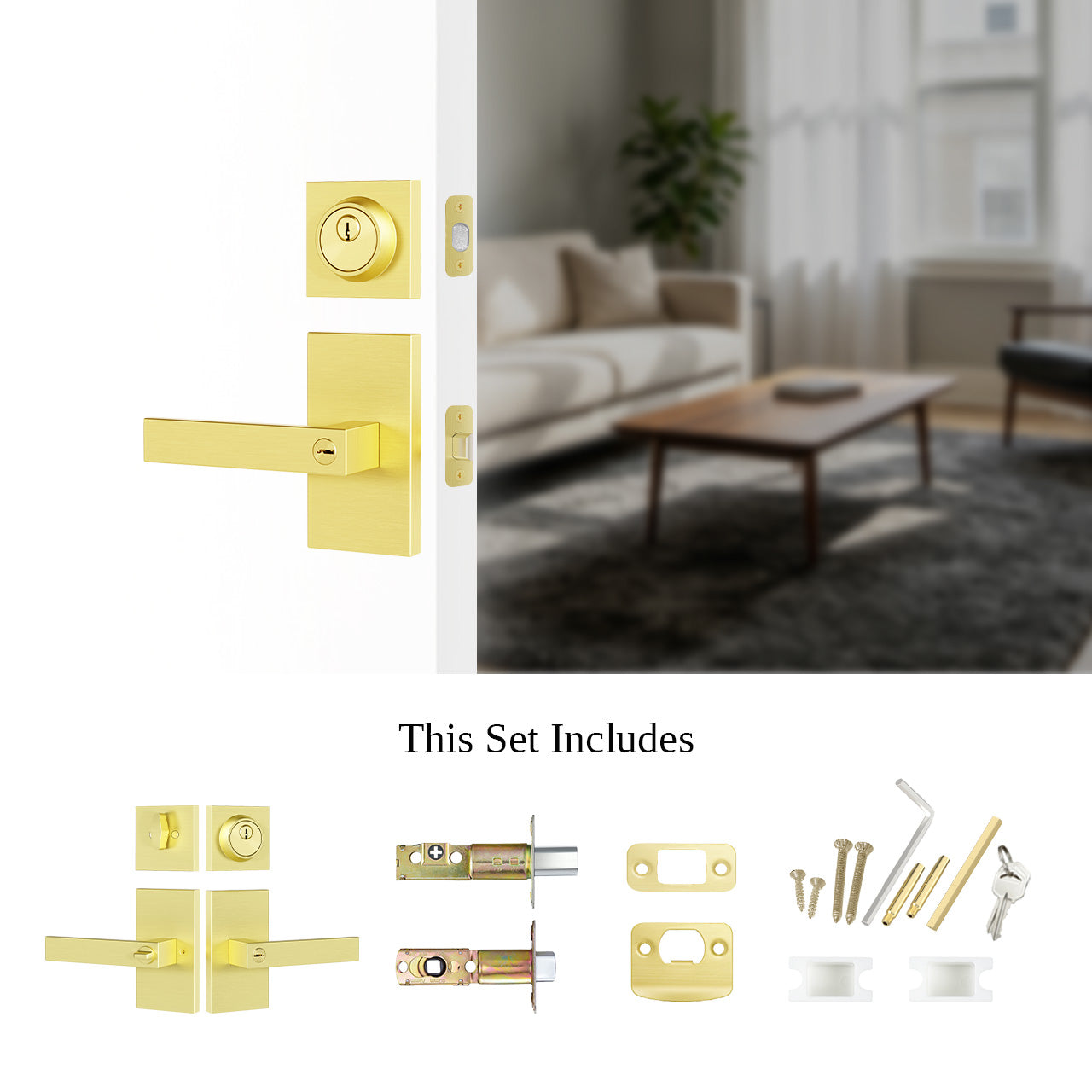 Entry door handle with deadbolt installed with hardware components and keyed entry function, SENY