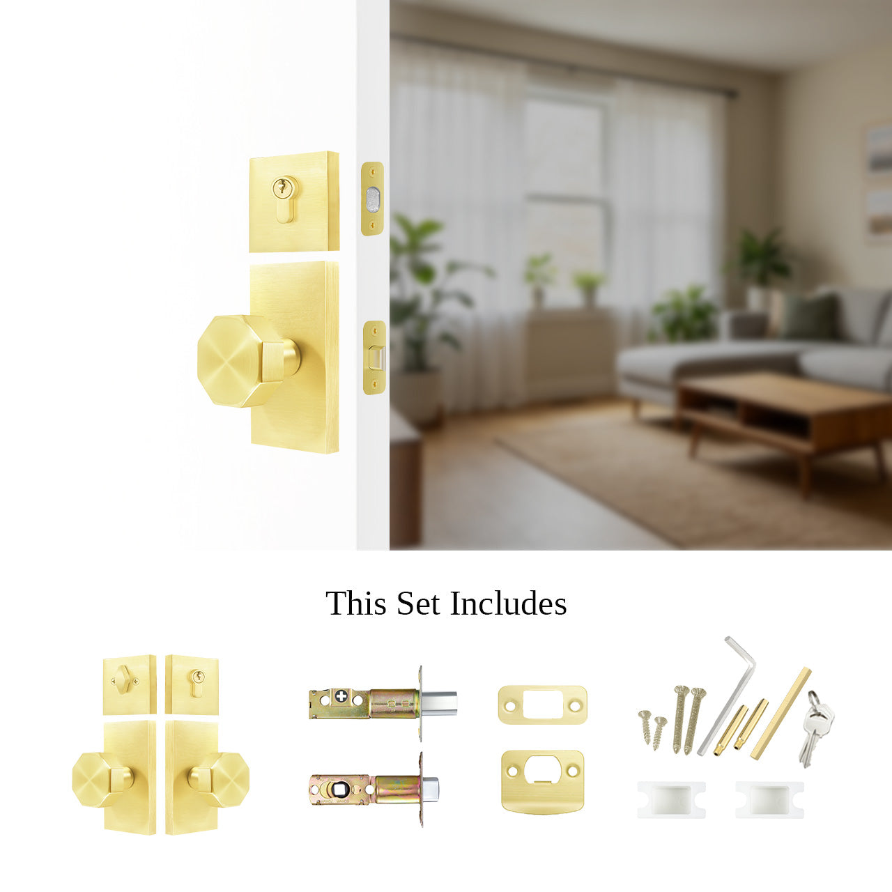Entry door knob set with deadbolt and octagon geometric knob installed with hardware components, SENY