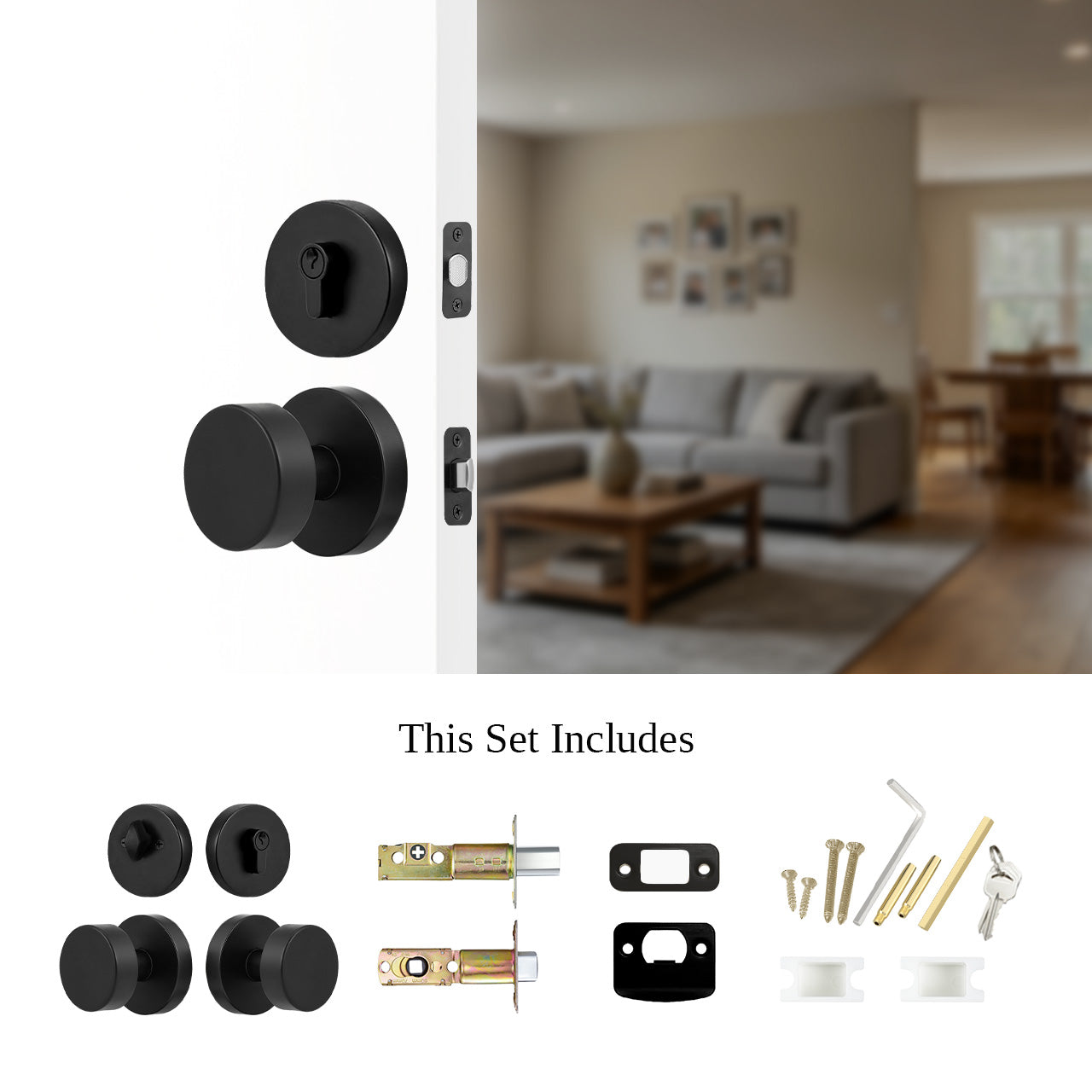 Round entry door knob set with deadbolt installed on exterior door with complete hardware components, SENY