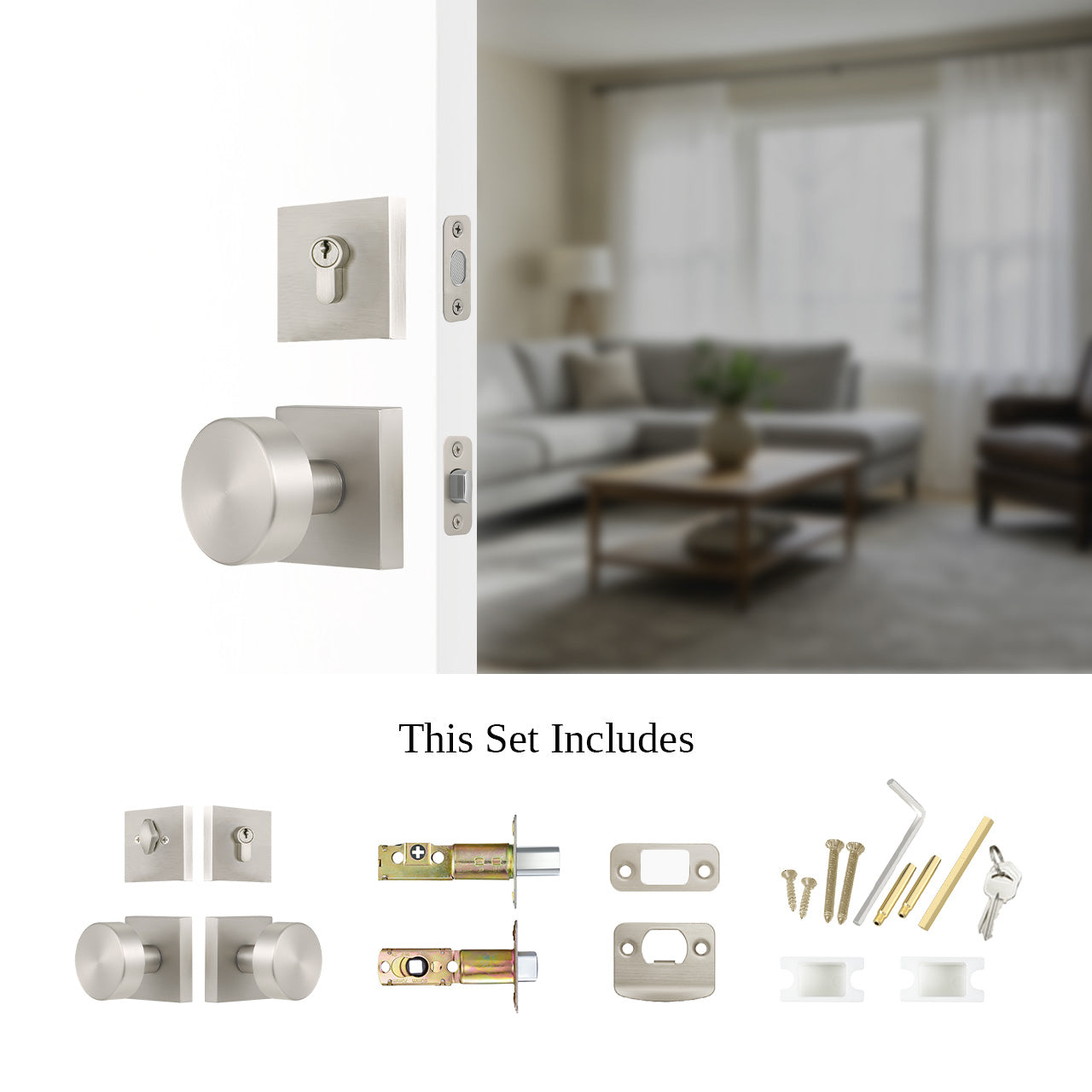 Entry door knob set with deadbolt and square rosette installed with hardware components, SENY